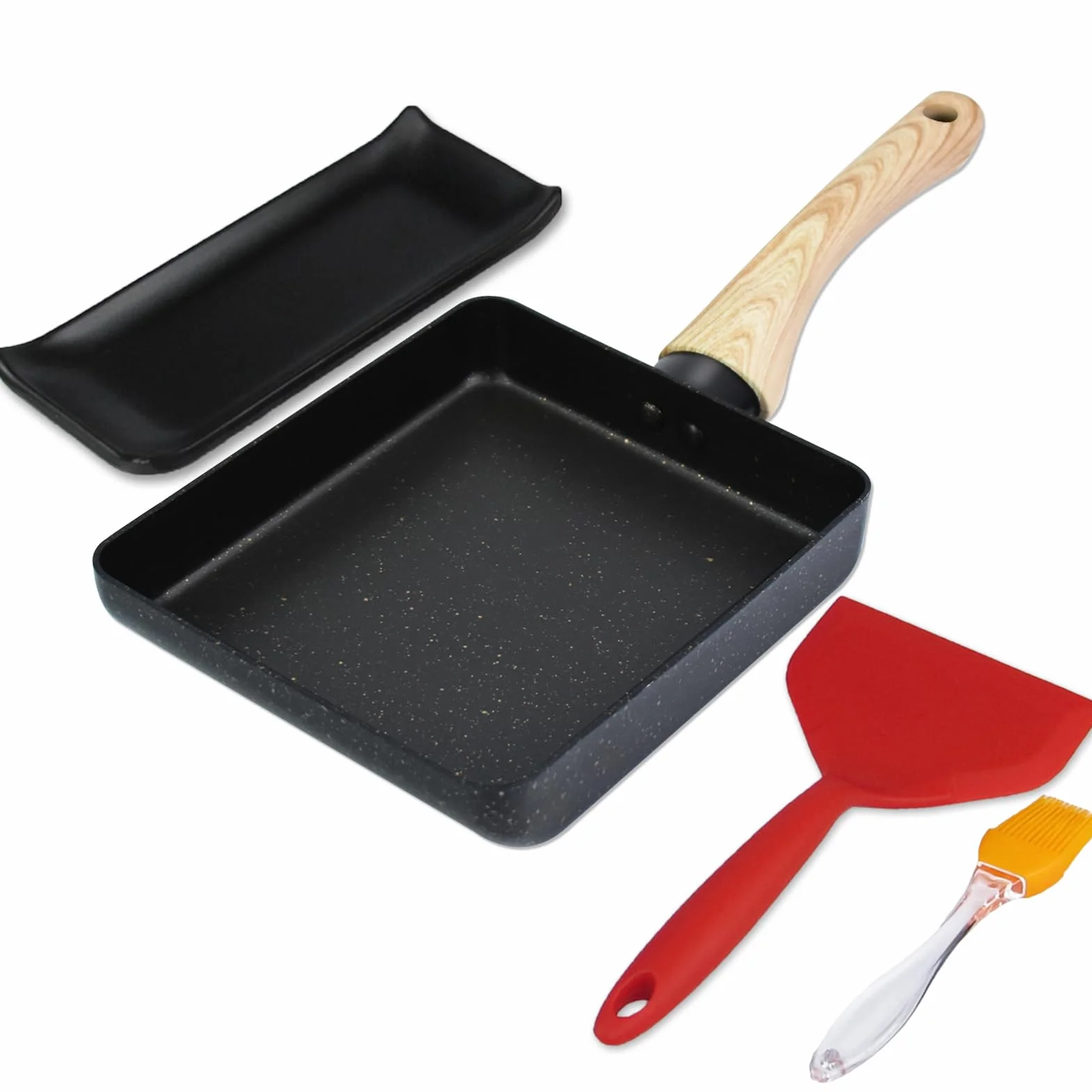Artcome,Sartén para tortilla japonesa (antiadherente), diseño de tamagoyaki, cacerola de huevo, rectangular, con espátula y cepillo de silicona, 7x15 cm, color negro
