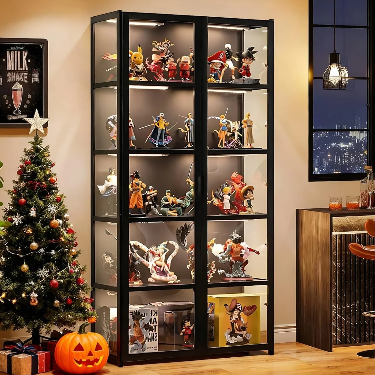 Vitrina de 5 pisos de pie, armarios Curio, estantería con puertas, puertas acrílicas transparentes, vitrina de coleccionista para sala de estar, oficina, libros, sala de juegos (Doble puerta negra)