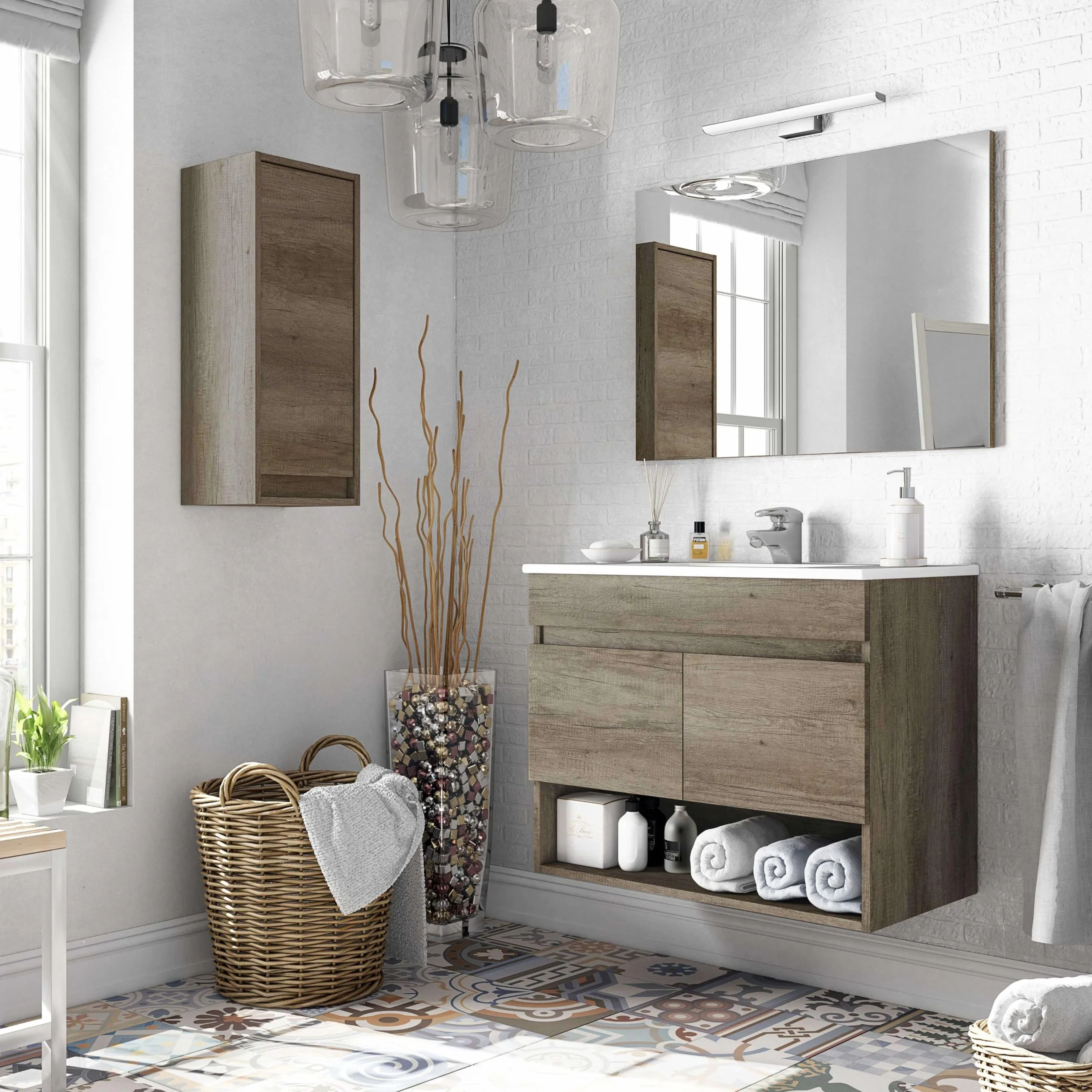 Miroytengo Mueble de Baño Estilo Natural Roble Nordik 80x64x45 cm con 1 Hueco y 2 Puertas
