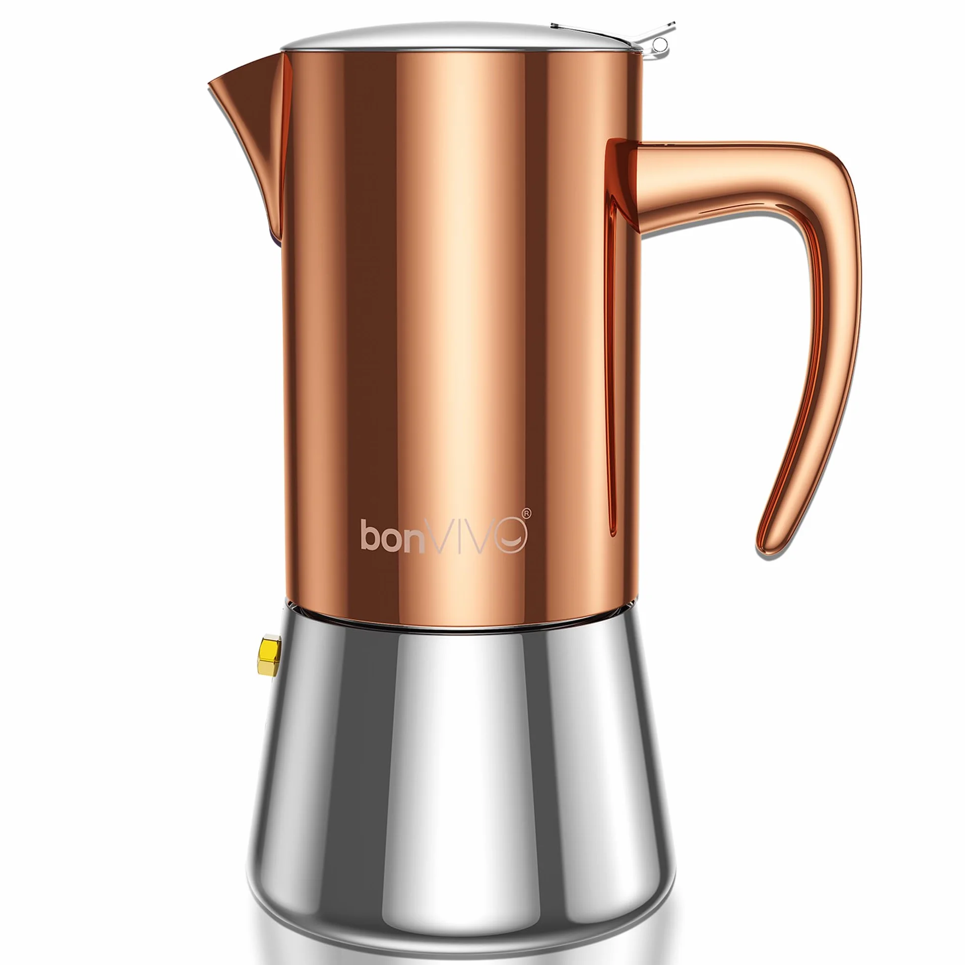 bonVIVO Cafetera Italiana – Cafetera Moka de Acero Inoxidable para Café Espresso – 6 Tazas – Compatible con Inducción, Vitrocerámica, Gas y Eléctrica – Color Cobre Elegante