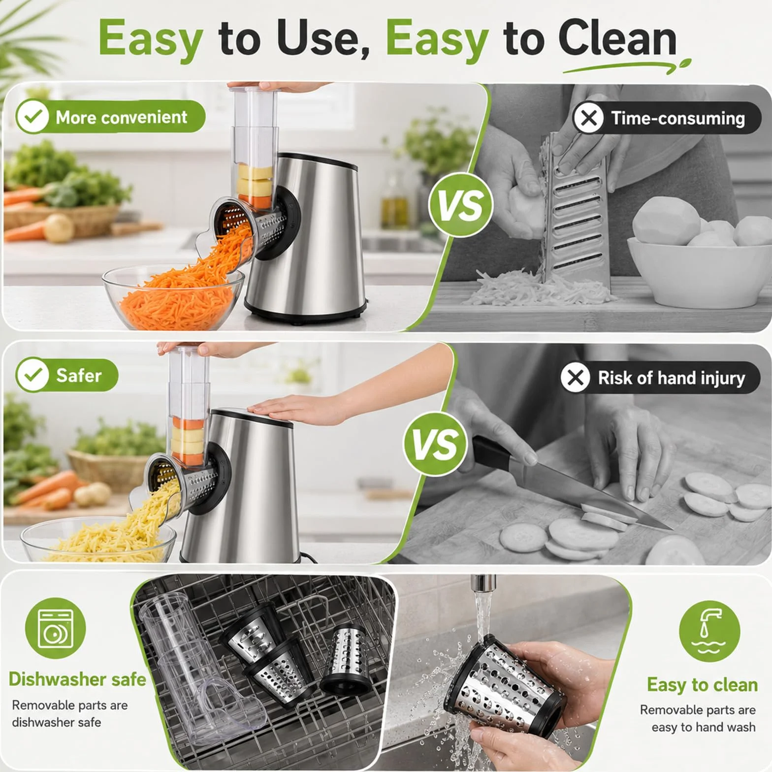 Rallador Eléctrico Profesional 5 en 1, 800 W con 5 Conos en Acero Inoxidable, Cortador y Picadora Multifunción con Apertura Grande de 9 cm para Frutas, Verduras, Queso, Nueces, Zanahorias, Gris