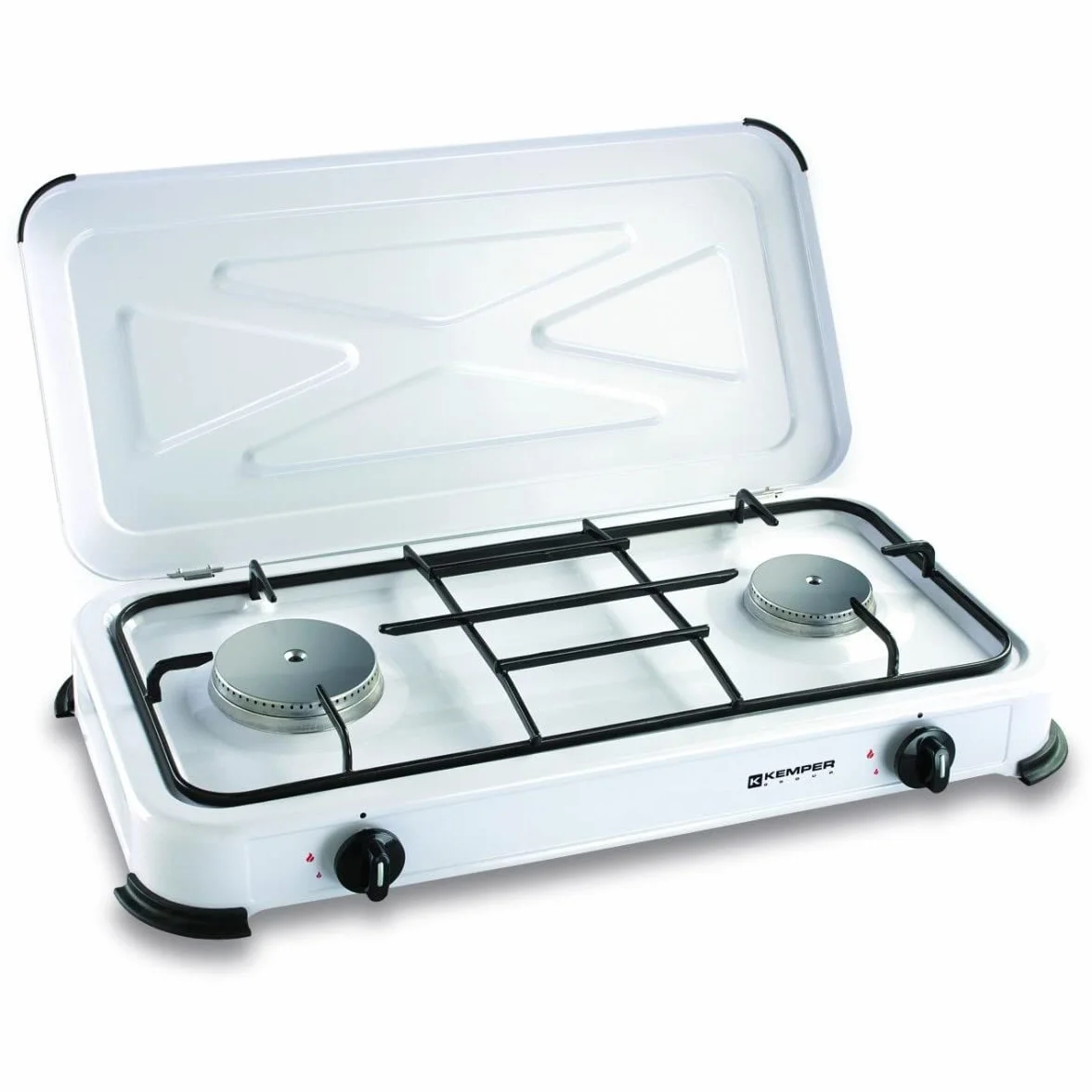 KEMPER – Placa de cocción de gas, 2 luces portátil, 2600 W, tapa extraíble, color blanco – Hornillo para camping, conexión de botella de gas Butano/propano simple y segura