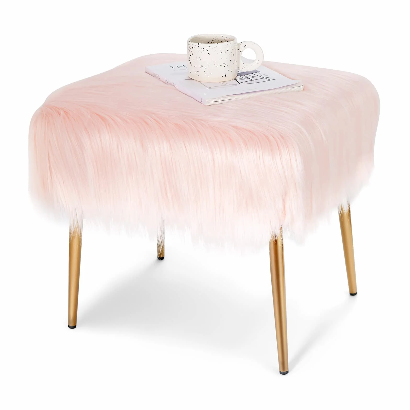 LIFEZEAL Taburete de tocador, Silla de Maquillaje de Piel sintética monderno Acolchado, Banco de Cama para Dormitorio, Pasillo, con Patas de Metal Dorado (51 x 41cm, Rosa)