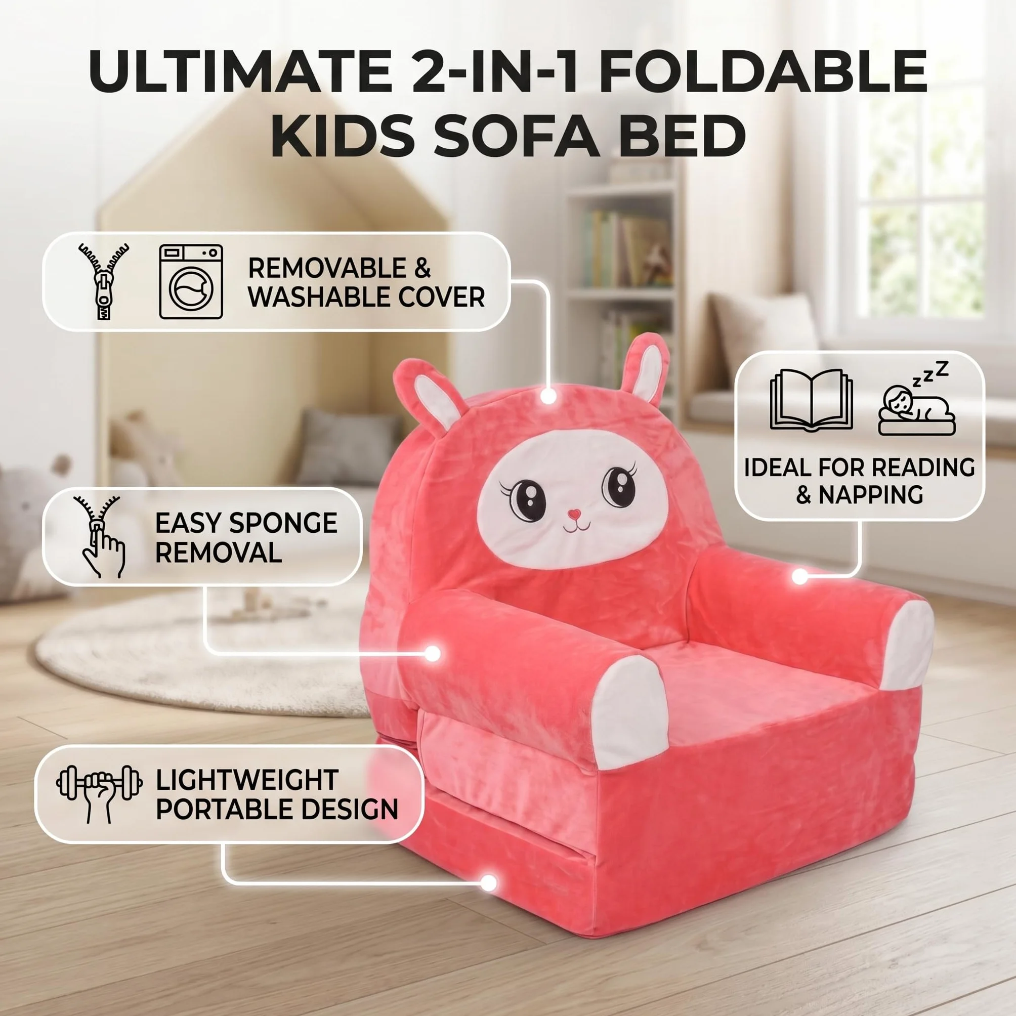 Sofá Cama Plegable 2 en 1 para Niños, Diseño Abierto con Forma de Dibujos Animados de Tamaño Largo, con Delicada Tela de Terciopelo y Funda Lavable Extraíble (F)