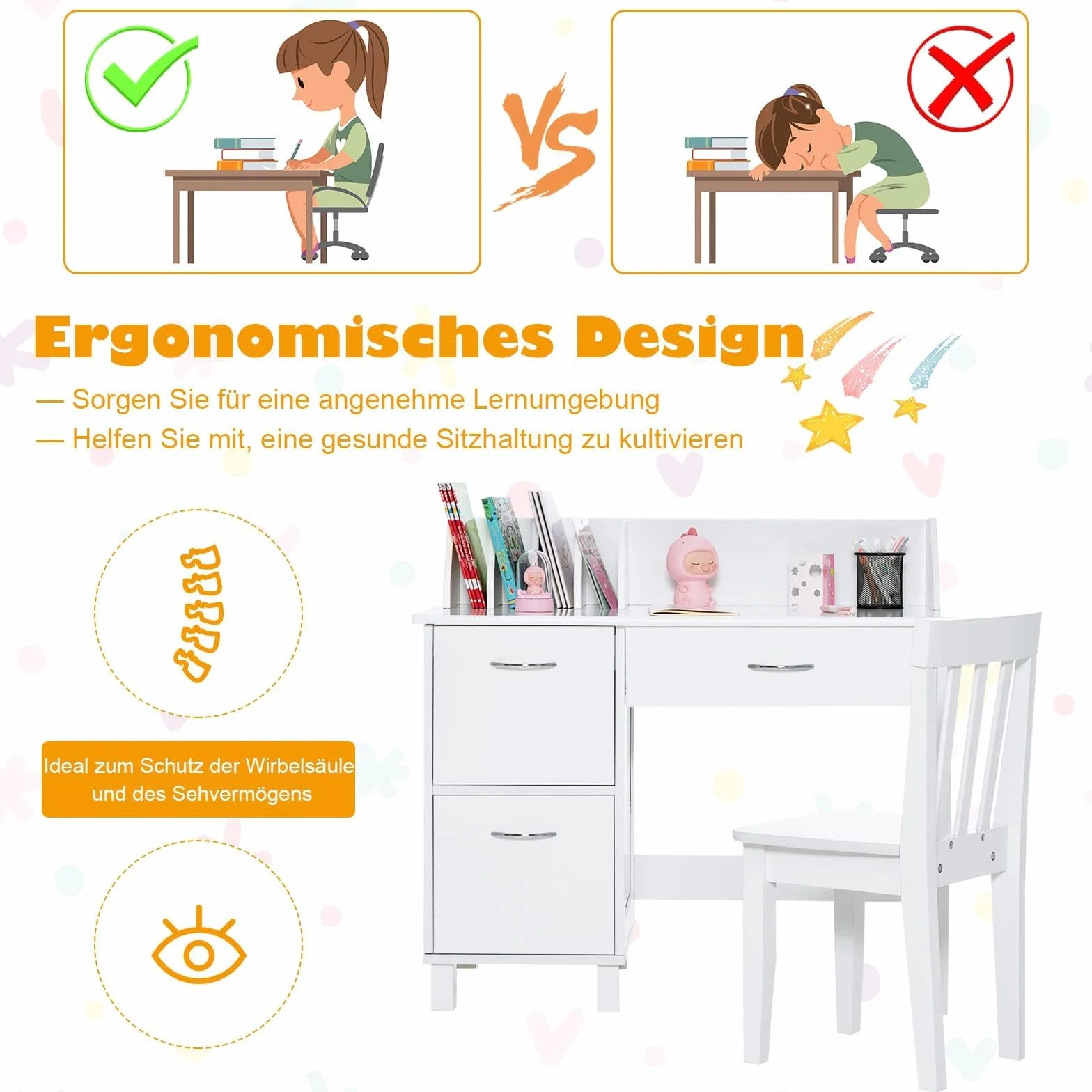 FANTASK Escritorio Infantil de Madera para Estudiantes con Silla, Mesa de Aprendizaje Infantil Multifuncional con Estante, Estante Abierto y Armario de Almacenamiento, Escritorio para niños para