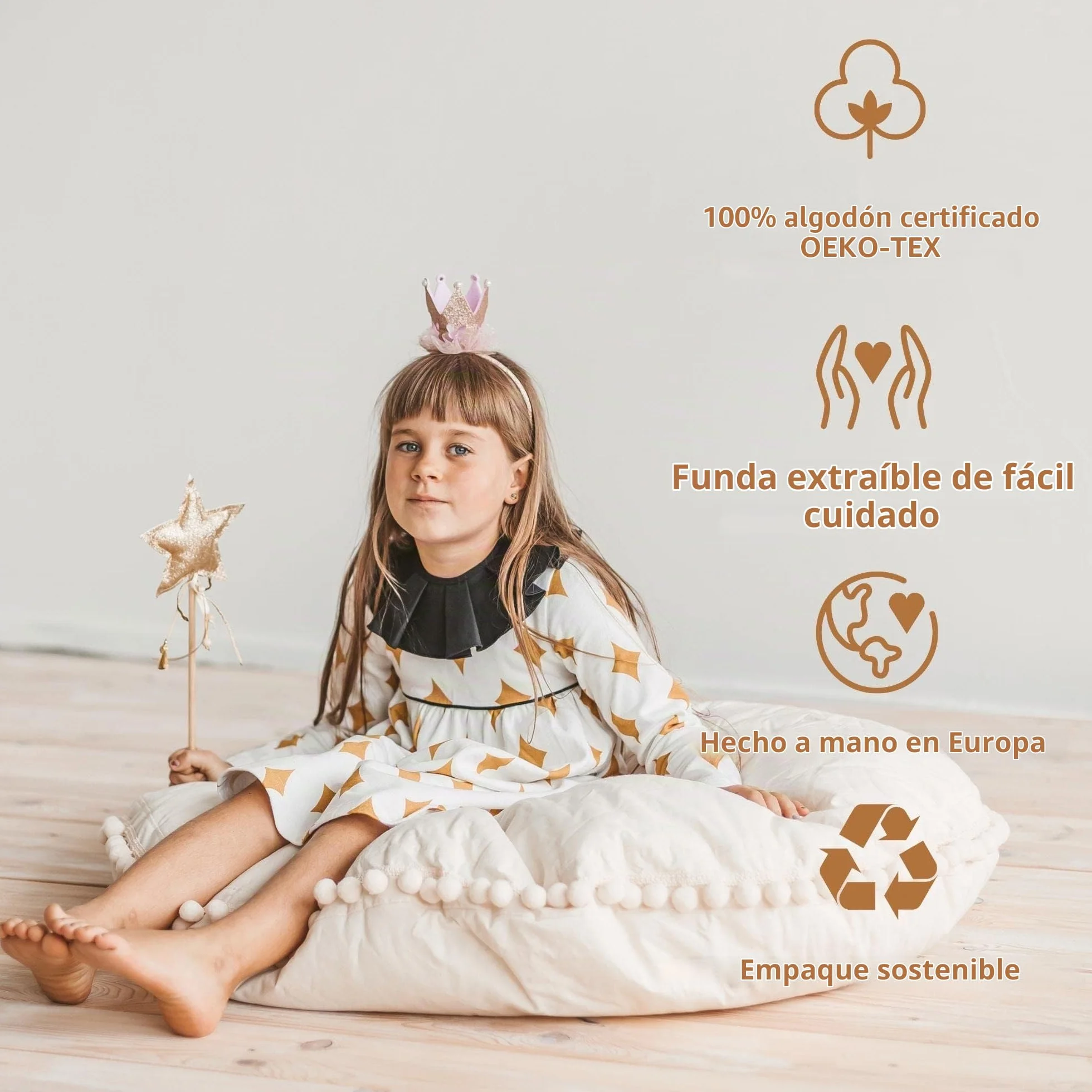 MINICAMP Cojines Grandes para Niños - Puff Ultra Esponjoso c/Relleno y Funda Lavable - Bonito Sofá Suelo, Cojín de Lectura p/Niños y Adolescentes - 100% Algodón - 100 cm Ancho! (Beige)