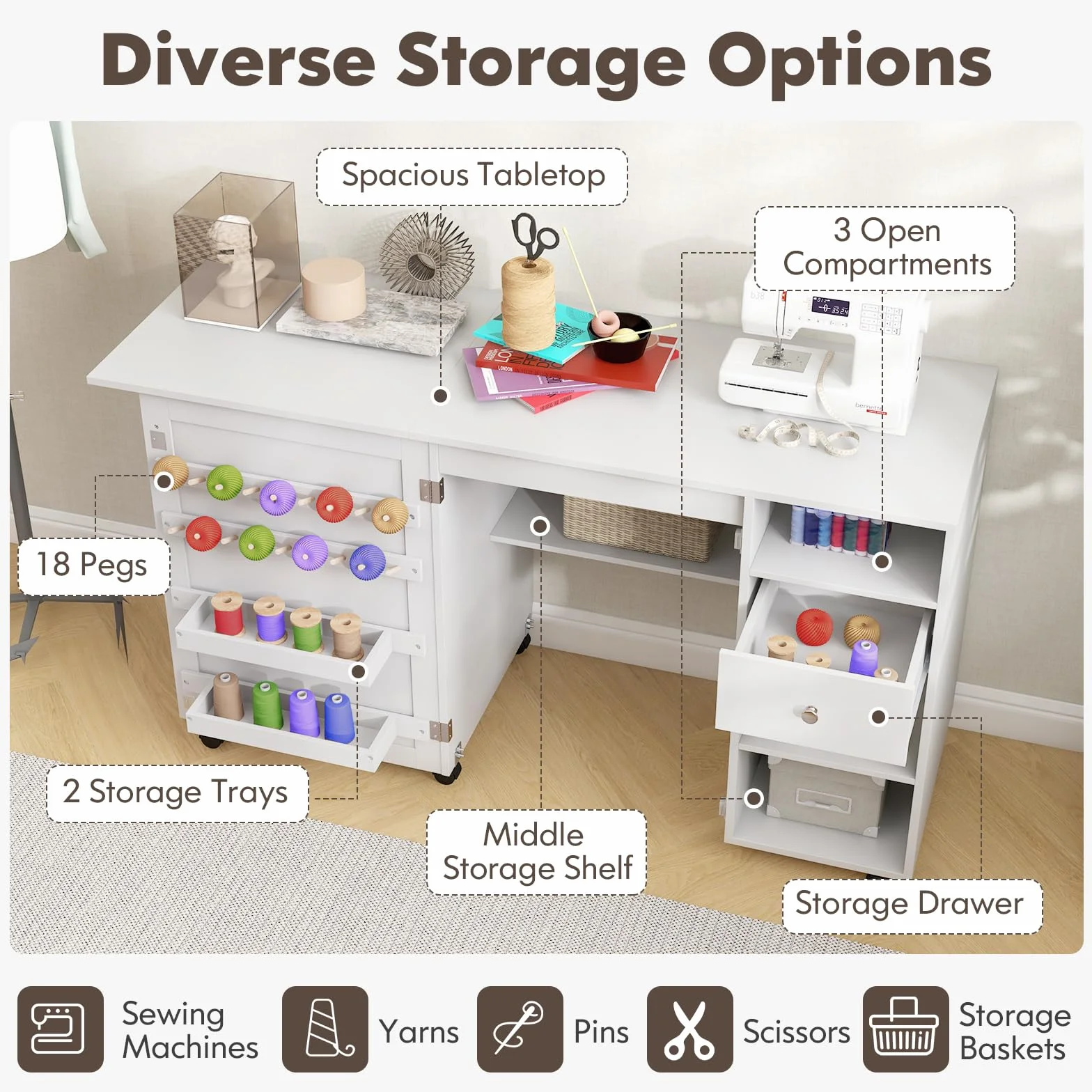 GIANTEX Armario de Costura Plegable con 6 Ruedas, Mesa de Coser con Estantes, Cajón y Soportes para Carretes de Hilo, Mesa Multiusos 2 en 1 para Dormitorio, Salón y Estudio, Blanco