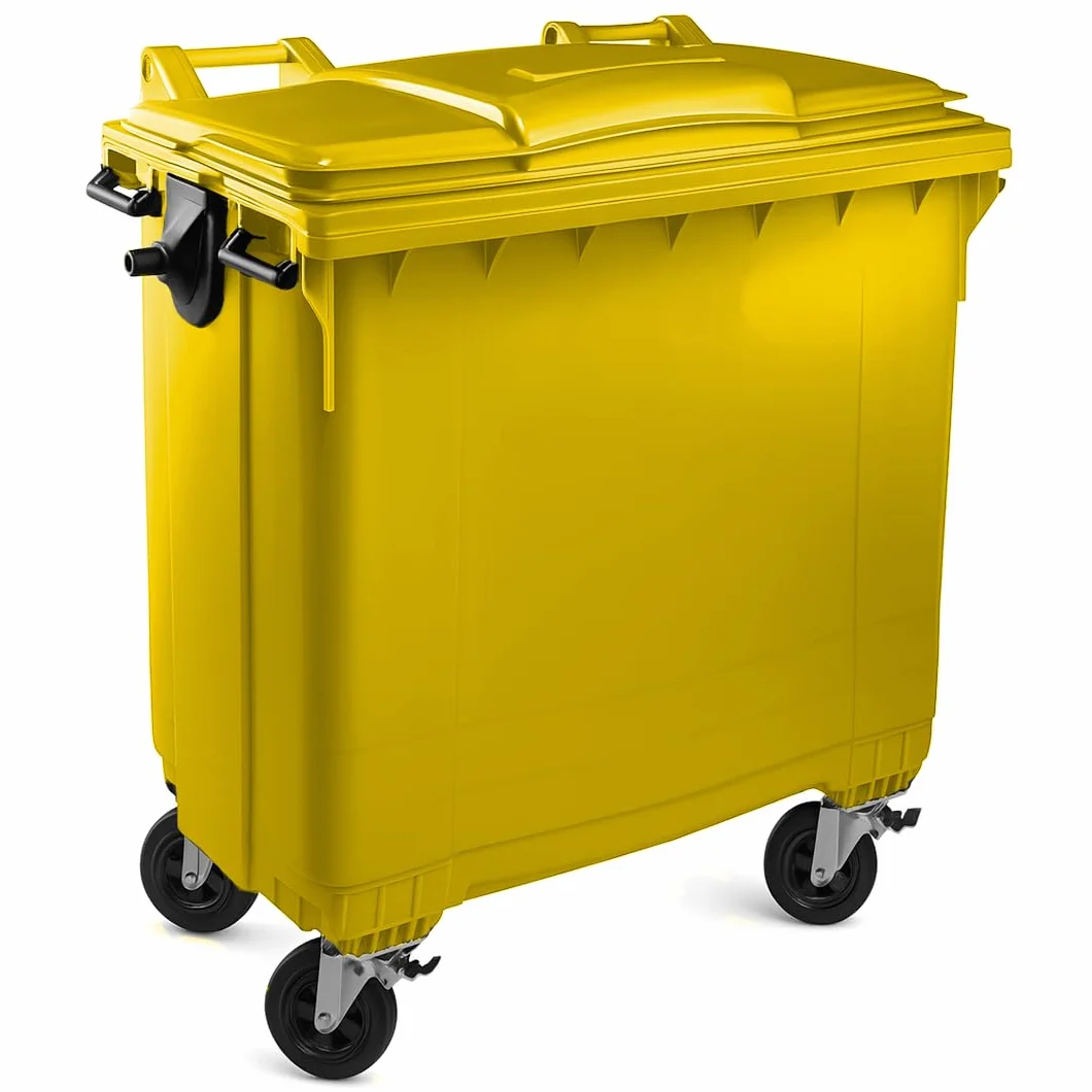 SSI Contenedor de Basura 1100L con Tapa Plana - Ruedas con Freno, Desagüe Inferior, Cumple Normativa EN-840, Ideal para Grandes Volúmenes de Residuos y Reciclaje en Exteriores (Amarillo)