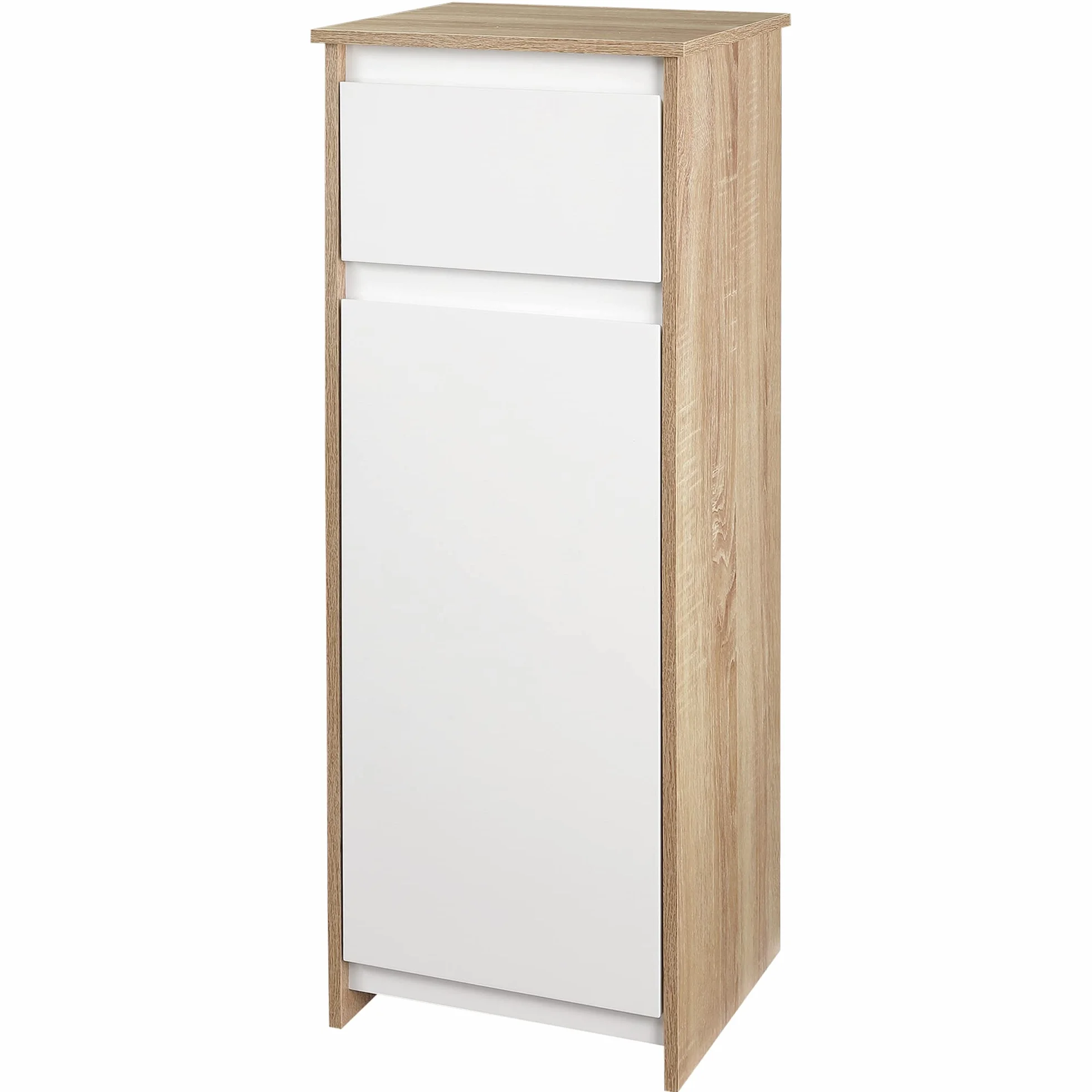 kleankin Armario Auxiliar de Baño con 1 Cajón y 1 Puerta Mueble Auxiliar de Baño para Salón Aseo Dormitorio Estilo Moderno Antivuelco 32,6x30x90 cm Blanco y Natural