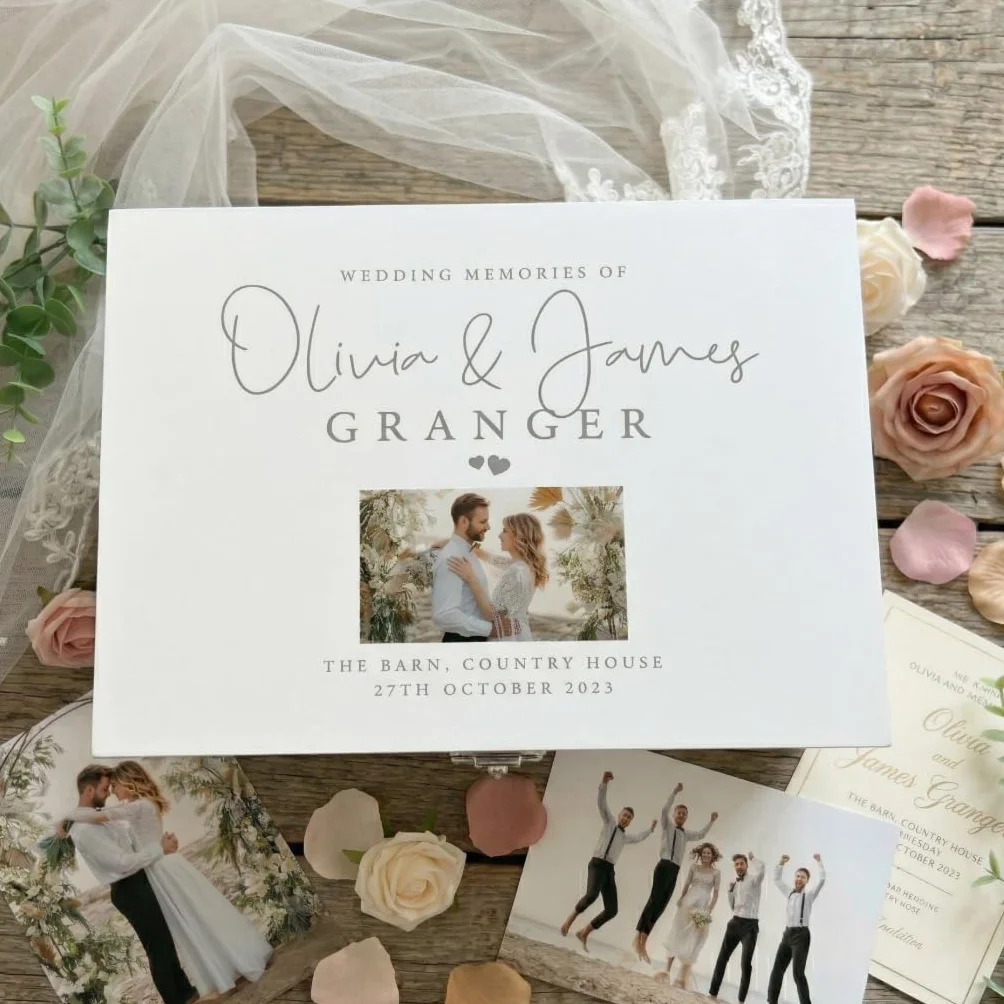 Caja de recuerdos de boda personalizada de lujo, color blanco, línea superior, nombres personalizados, apellidos, ubicación y fecha, regalo de boda, 27 x 19 x 14 cm