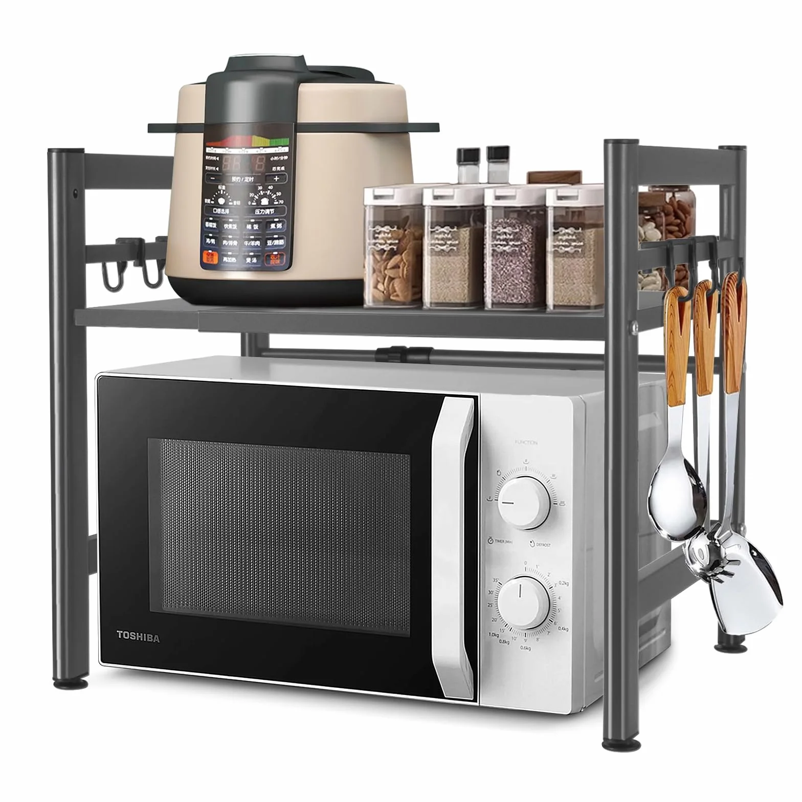 Estantería Extensible para microondas, estantería de Cocina, de pie, para microondas, de pie, Organizador de Cocina, con 6 Ganchos, Organizador para encimeras de Cocina (Gris, un-Nivel)