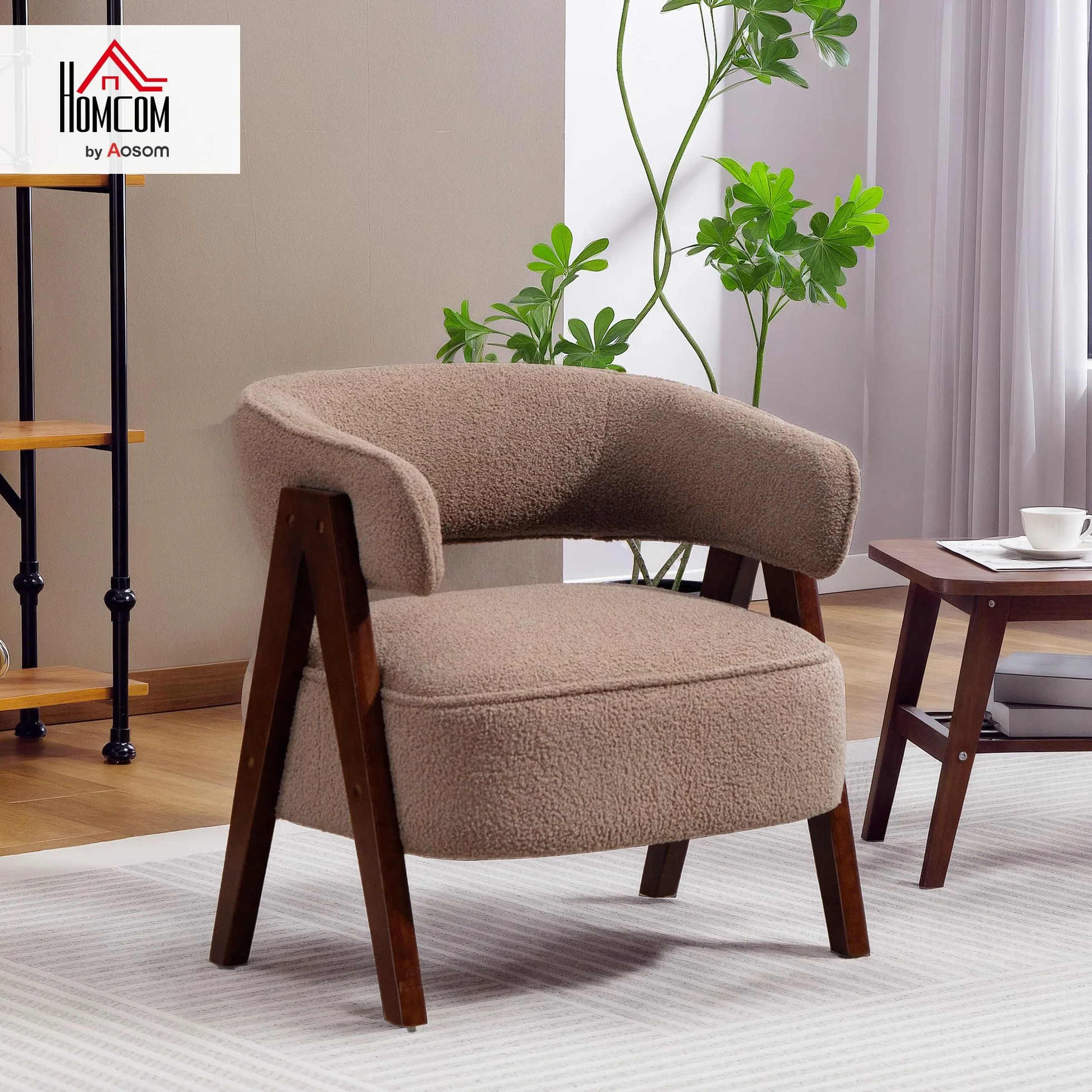HOMCOM Butaca de Salón Tapizada en Borreguito, Sillón de Lectura Acolchado Grueso y Moderno, Asiento Ancho, Patas de Madera, Respaldo Curvado, para Dormitorio, Oficina, Marrón Claro
