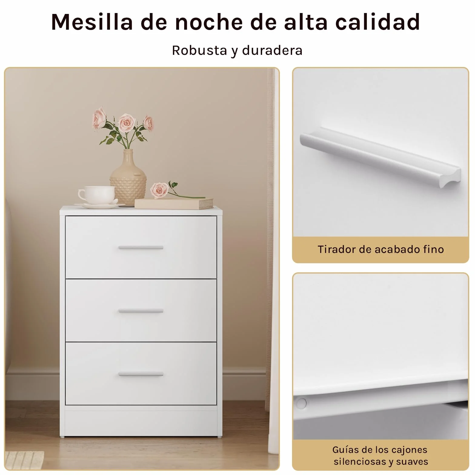 WOLTU Juego de 2 Mesitas de Noche con 3 Cajones, Mesillas para Dormitorio, Estilo Moderno, Estructura de Madera, 39 x 28 x 54 cm, Blanco NTS26ws-2
