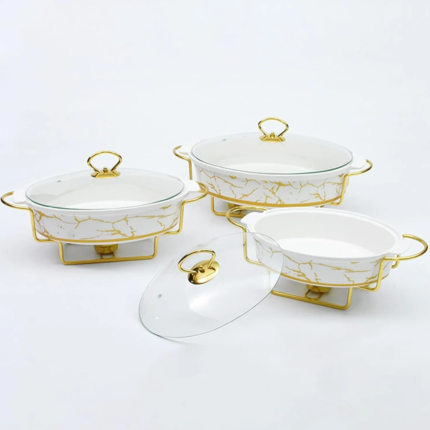 Elegante Juego De Calentadores De Cerámica, con Acabado De Mármol, Tapas De Vidrio Y Detalles Dorados, Vajilla Duradera para Fiestas Y Eventos Gastronómicos. 2L