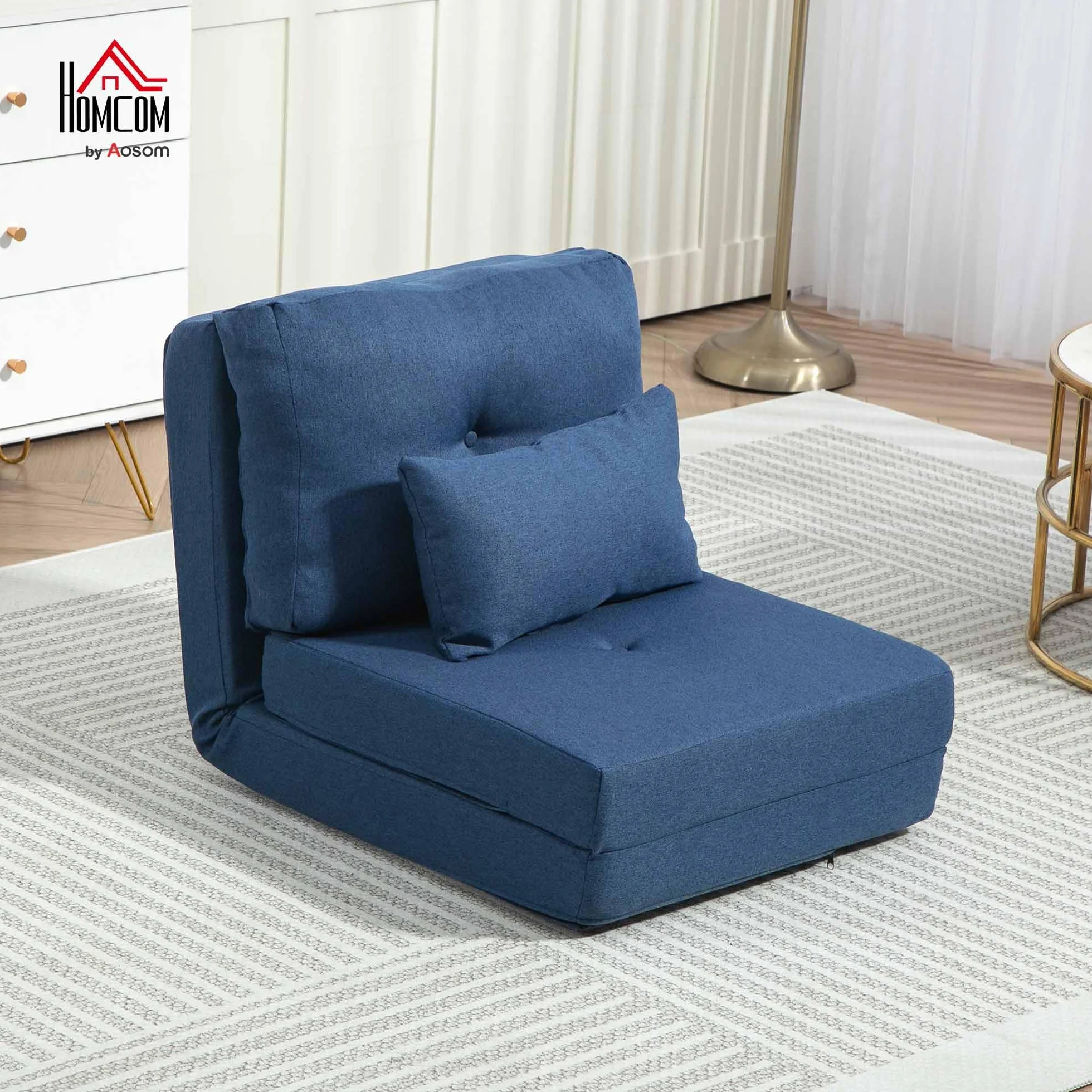 HOMCOM Sillón Convertible 1 Plaza Sillón Perezoso Cama Calentador 1 Plaza - Cojín Incluido, Respaldo Ajustable - Salón, Carga 120 kg, Tejido Lino Azul Oscuro