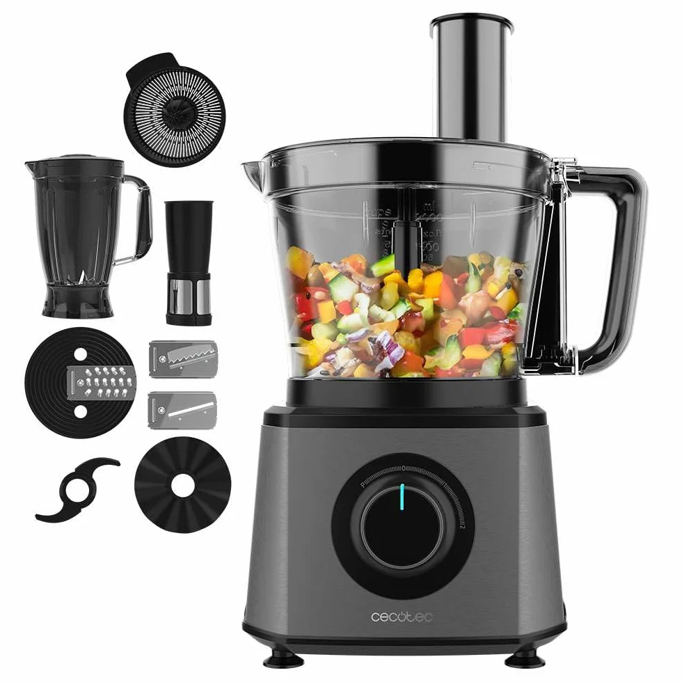 Cecotec Procesador de alimentos Paprika 1300 Full, 2000W de Potencia, Acero Inoxidable, 2 Velocidades, 3 Discos de corte, Incluye Bowl 3,5 L, Jarra 1,8 y Exprimidor