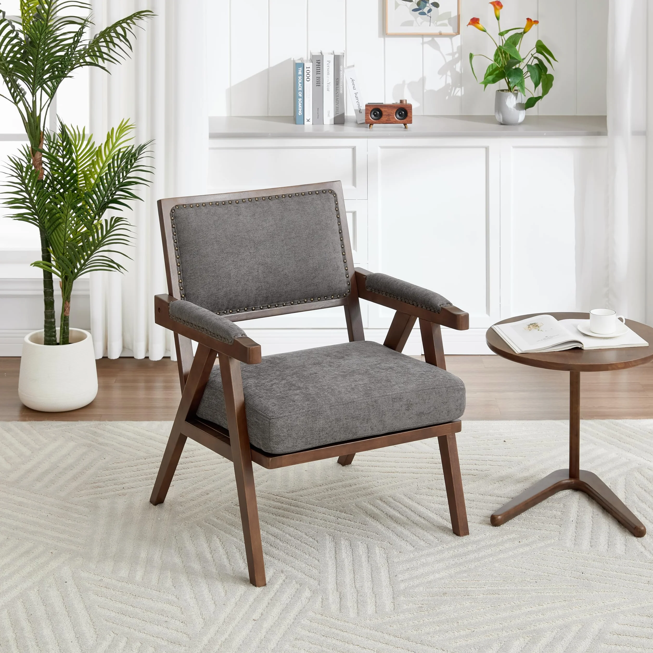 Lexiou Mid-Century - Sillón individual de tela con reposabrazos, marco de madera acolchado, para salón, dormitorio, estudio, oficina, decoración (gris)