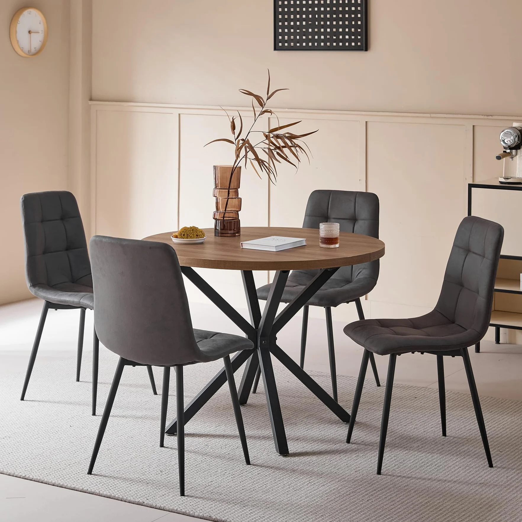 Juego de Comedor Mesa Redonda 100cm y 4 Sillas de Comedor Tapizadas, Conjunto Mesa y Sillas para Cocina y Salón (Madera Oscura+Gris Oscuro (PU))