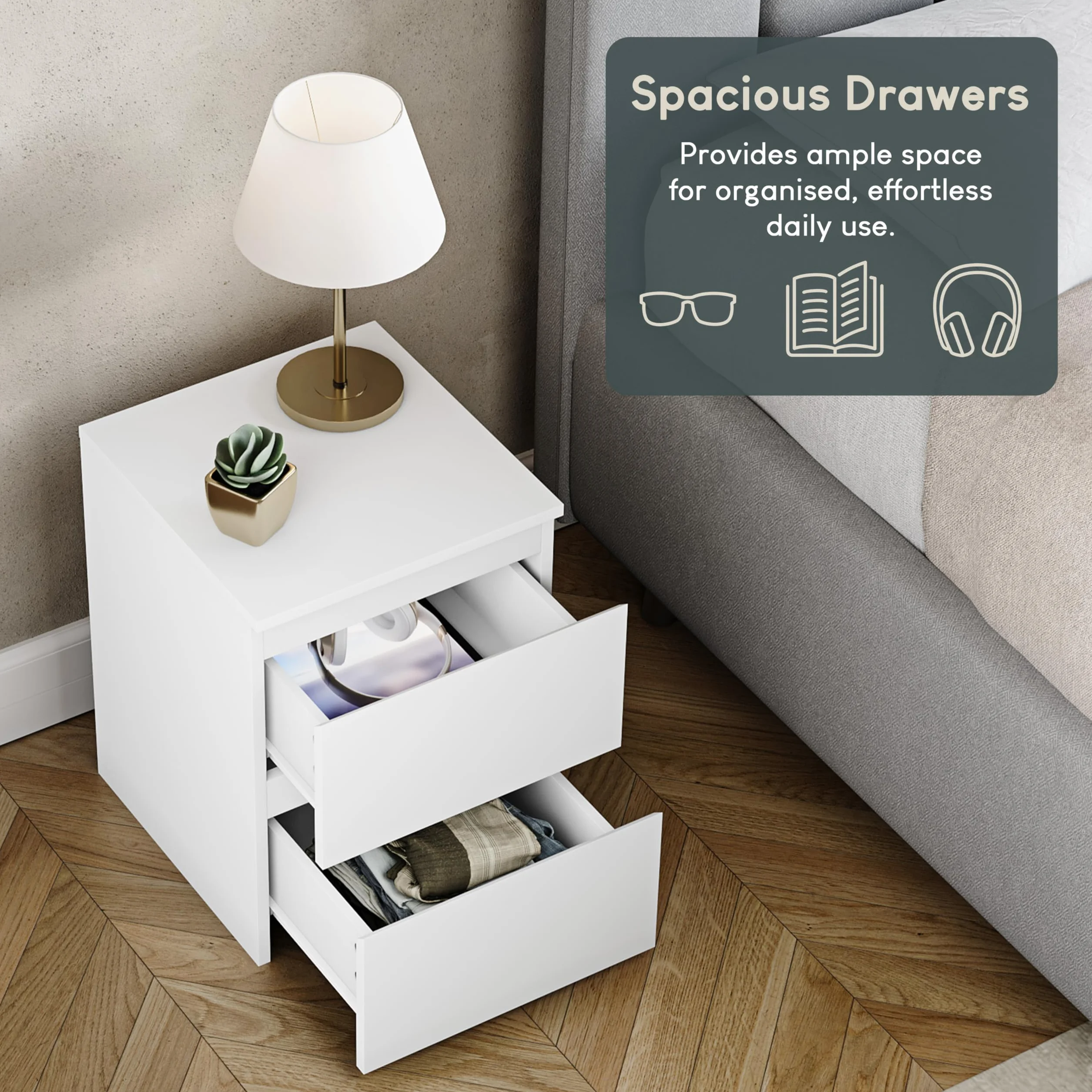 Vida Designs Mesita de noche Denver con 2 cajones (blanca), 40 cm de alto x 29,5 cm de ancho x 29,5 cm de profundidad