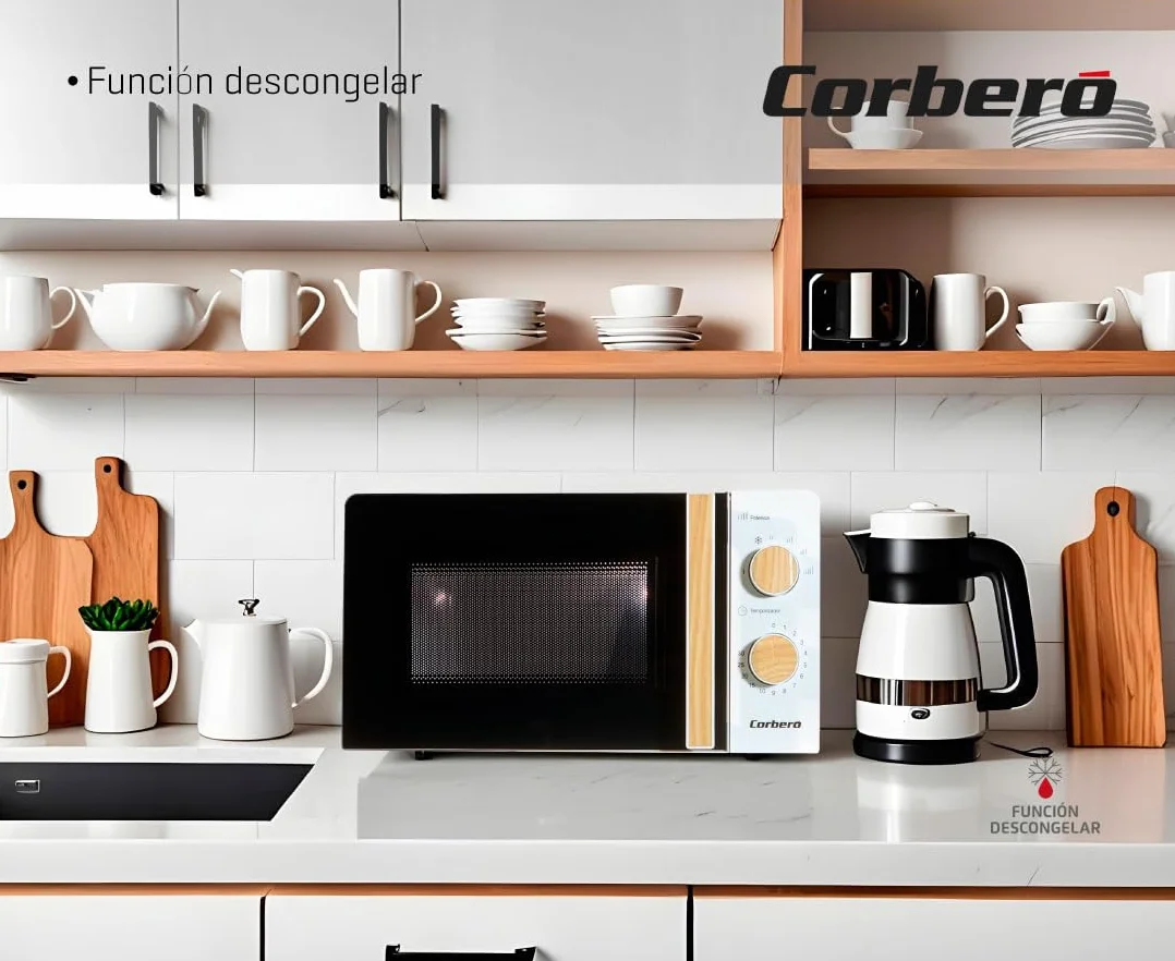 Corberó Microondas 20L 700W Control Mecánico 5 Niveles Temporizador 30 Min Plato Giratorio 245mm Blanco
