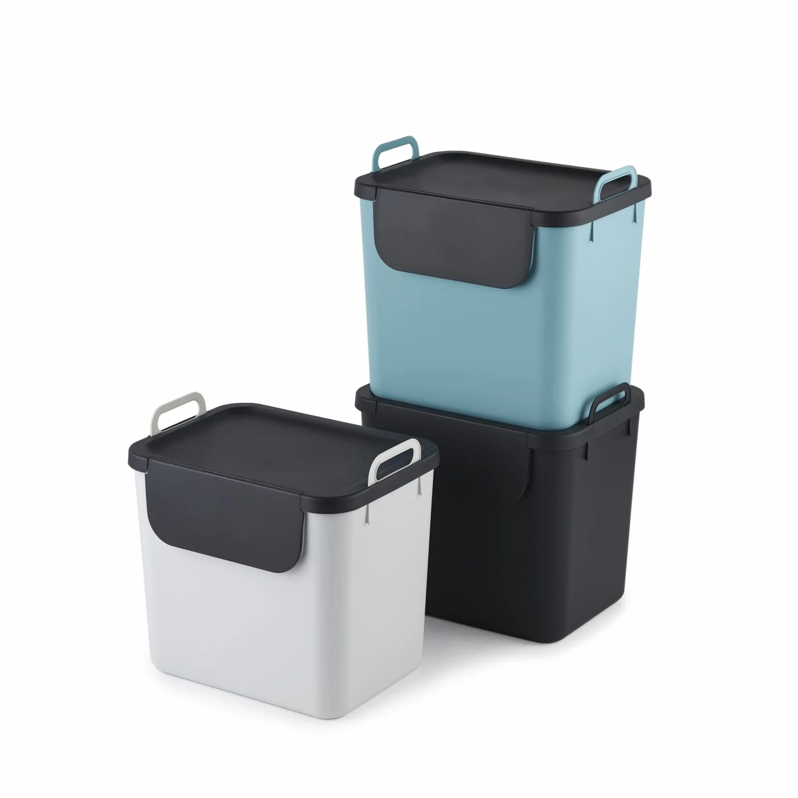 Rotho Jive Sistema Separación Residuos 3x30L - Cubos Reciclaje Cocina Apilables con Tapa, Asas y Pegatinas, Plástico Reciclado, Fabricado en Suiza