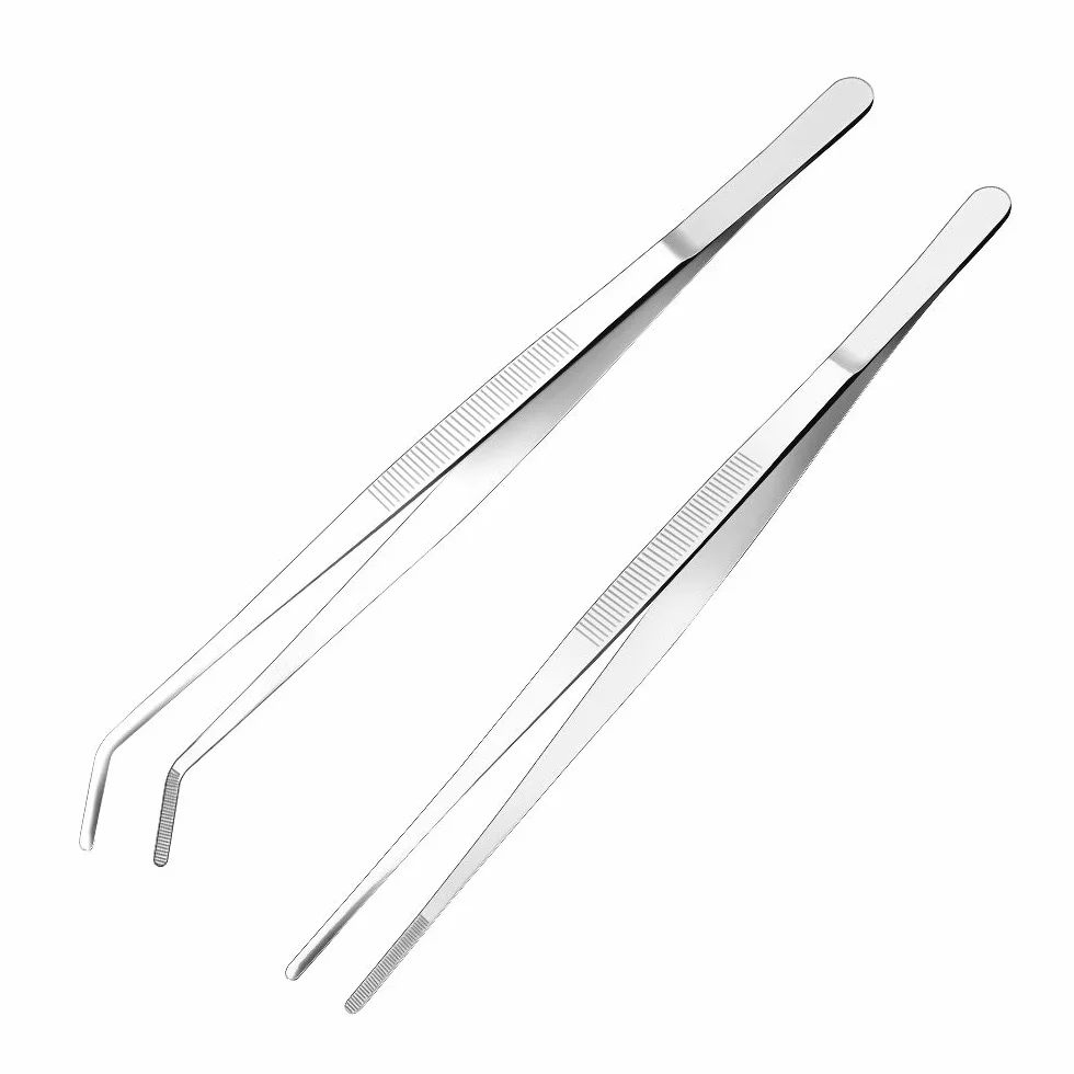Pinzas de cocina de acero inoxidable de 8 pulgadas de largo, pinzas grandes resistentes para alimentos con puntas dentadas de precisión para cocinar (8 pulgadas rectas + curvas)