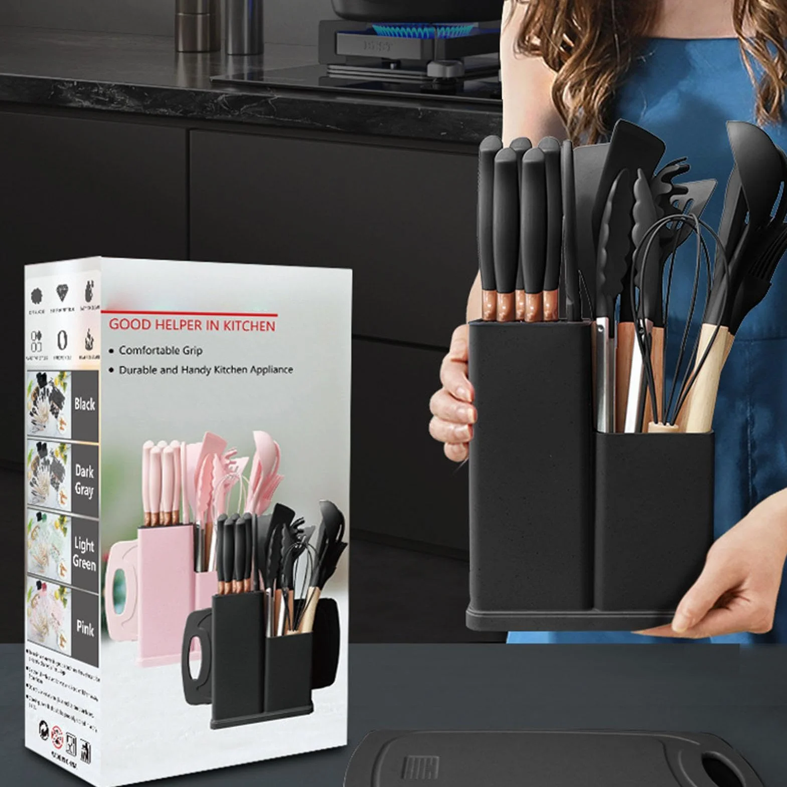 Utensilios De Cocina Kit 19 Piezas En Silicona Antiadherente Resistente Al | Juego de Accesorios Culinarios Para Interior Casa Mostrador Encimera Apartamento Familia Doméstico