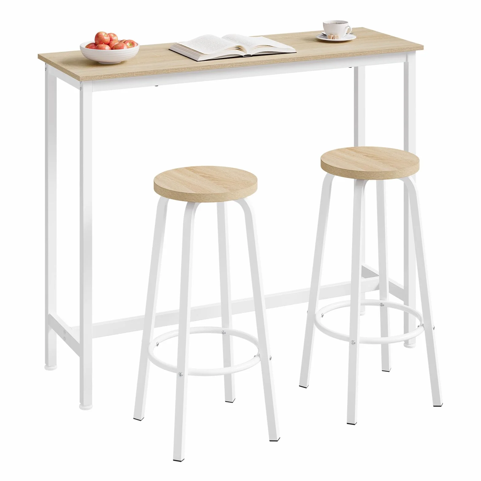 WOLTU Set Mesa de Bar y 2 Taburetes, Muebles de Bistro de Comedor para Salon, Barra Cocina con Estructura de Metal, 120x40x100cm, Blanco + Roble Claro