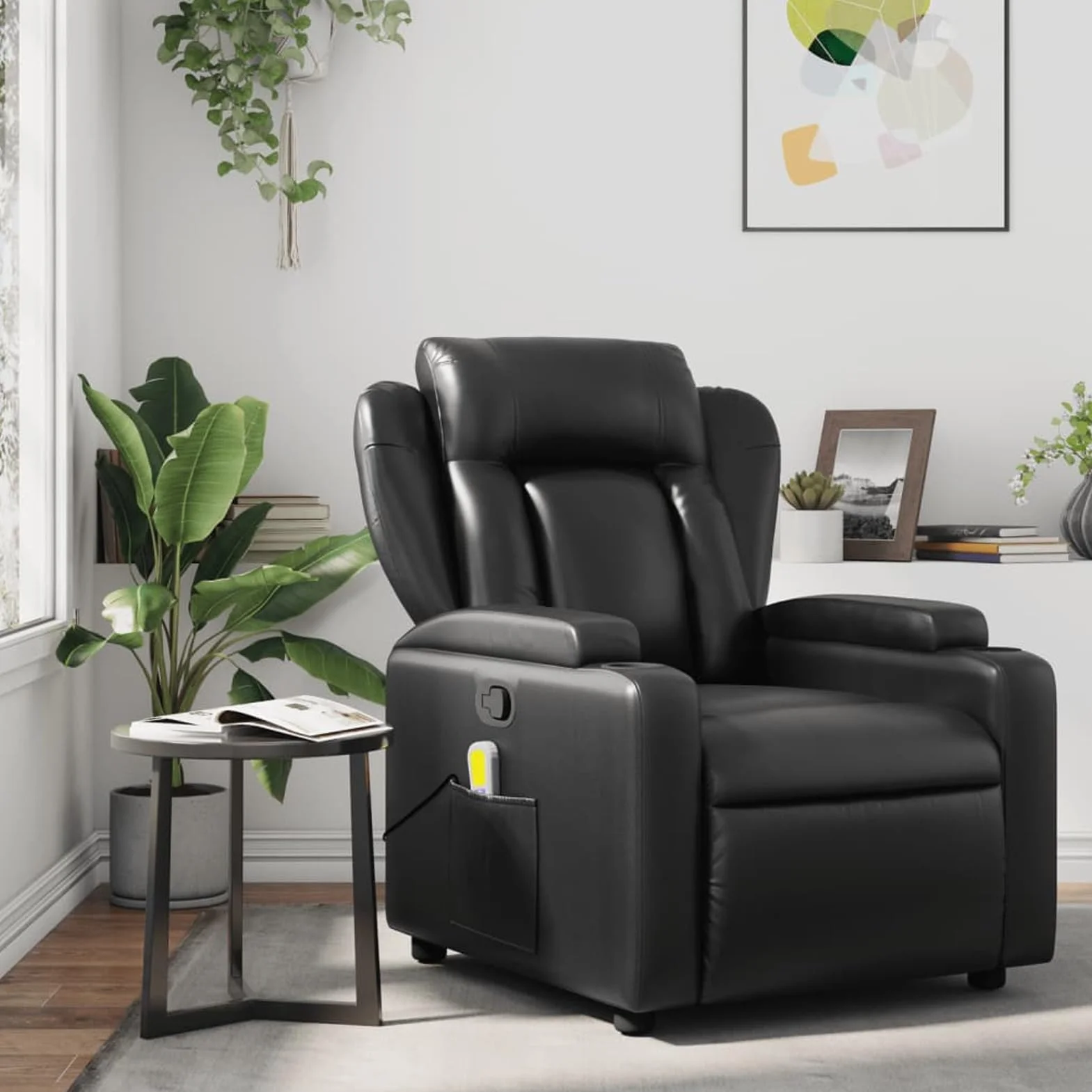 IKAYAA Sillón de Masaje Reclinable Cuero sintético, Sillón De Relax, Sillon Masaje Relax, Sillon Relax con Bolsillos Laterales, Sofá Individual, Butaca Orejera, para Salón Oficina Dormitorio Negro