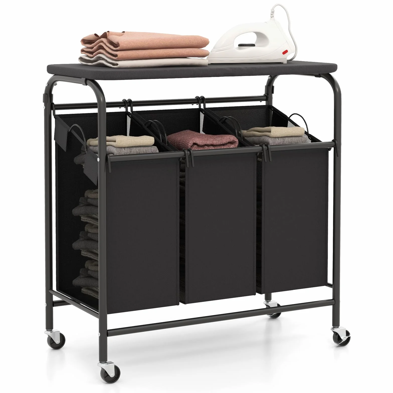 COSTWAY Cesto para Ropa Sucia con Tabla de Planchar, Cesta Colada con 3 Bolsas Extraíbles, 3 x 33L, Cesta de Lavandería para Cuarto de baño, Lavandería, Dormitorio, Negro y Gris