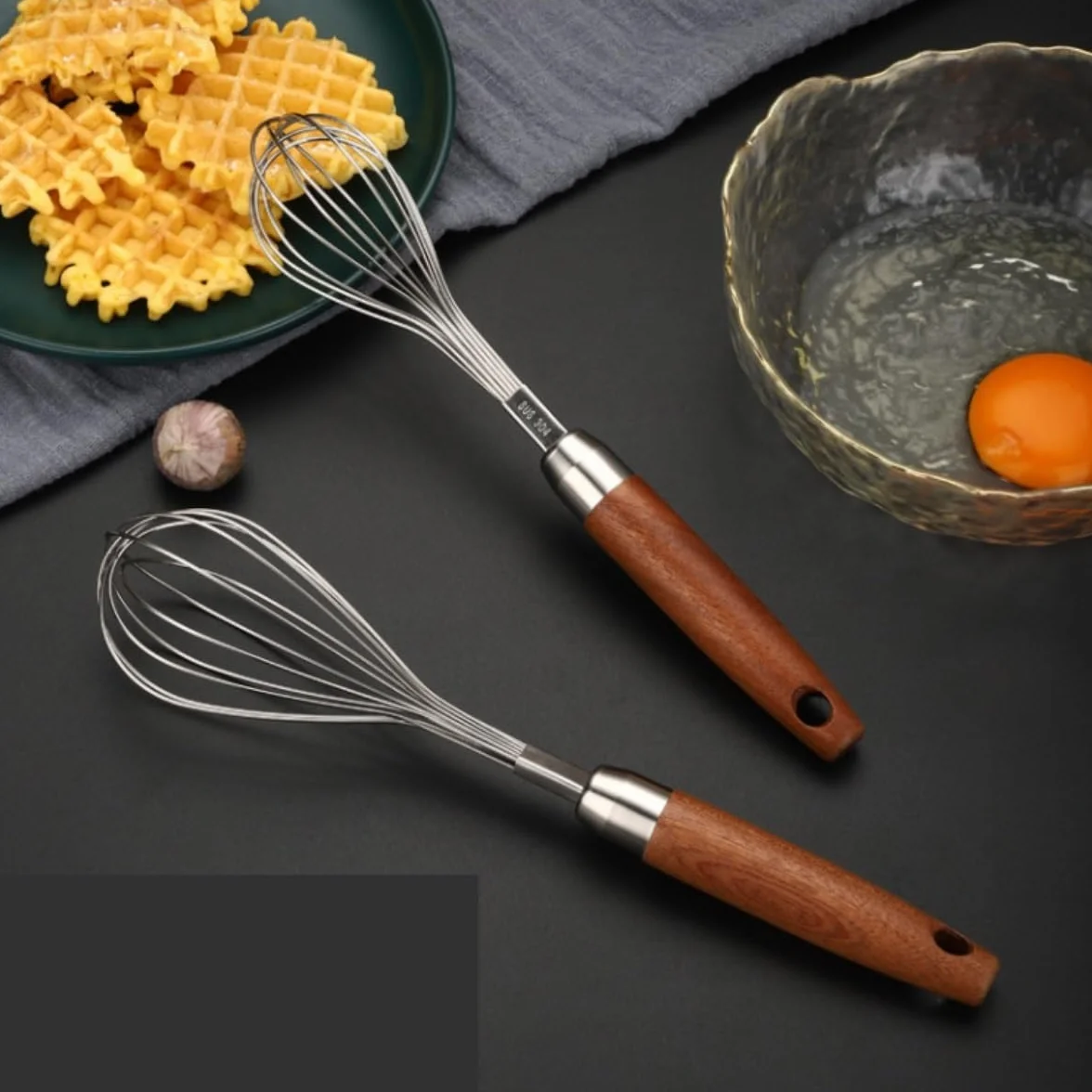 Batidor Huevos Batidor Manual For El Hogar con Mango De Madera Acero Inoxidable, Huevos, Harina, Crema, Herramientas For Hornear Utensilios Cocina(27.5x6cm)