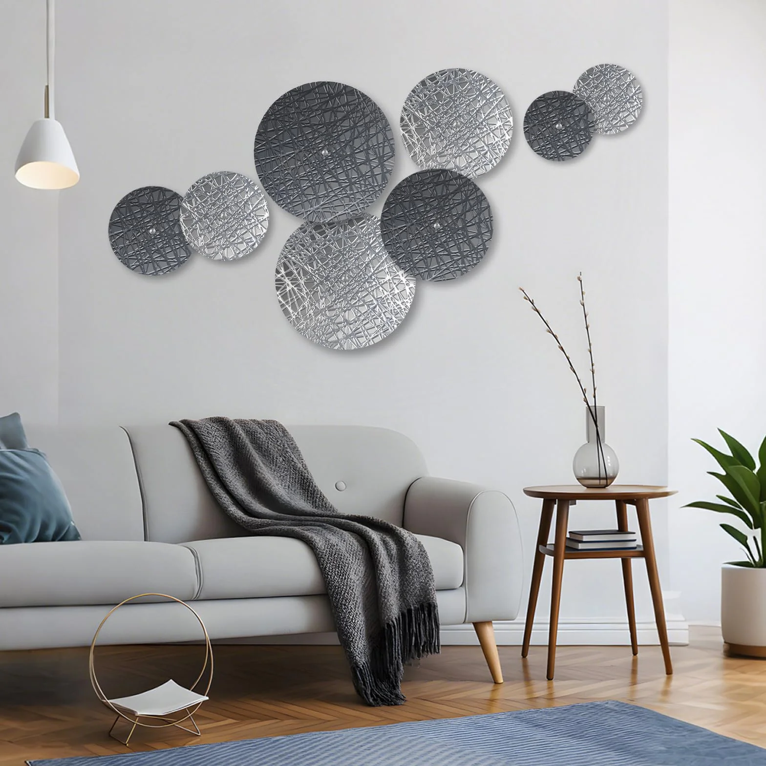 DETENE pared redonda metal Decoración,pared boho Metal redondo | 8 piezas con 4 tamaños, plateado y azul, esculturas colgantes modernas para salón, oficina, apartamento, baño