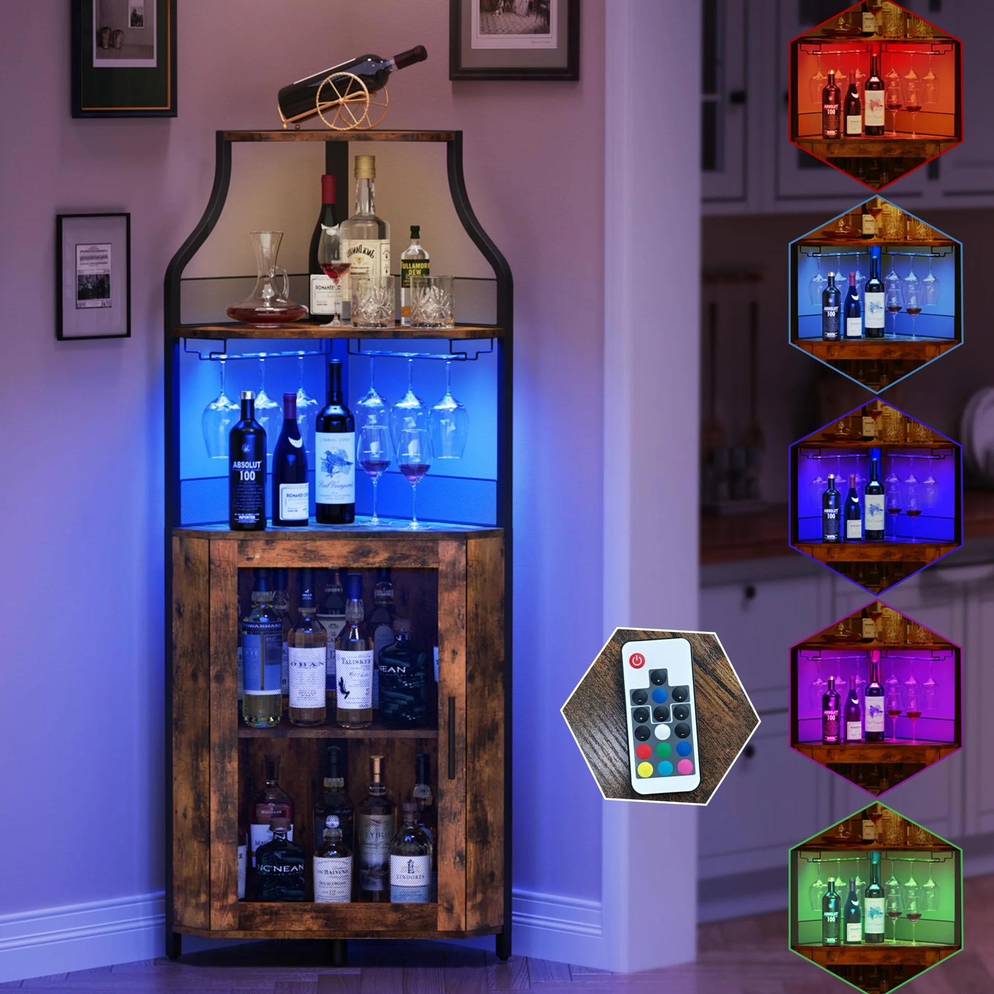 Garvee Armario de Vino Esquinero con Luces LED, Mueble Bar Industrial de 5 Niveles con Botellero y Porta Copas, Estantería para Vinos con Puerta de Malla para Salón y Comedor, Marrón Rústico