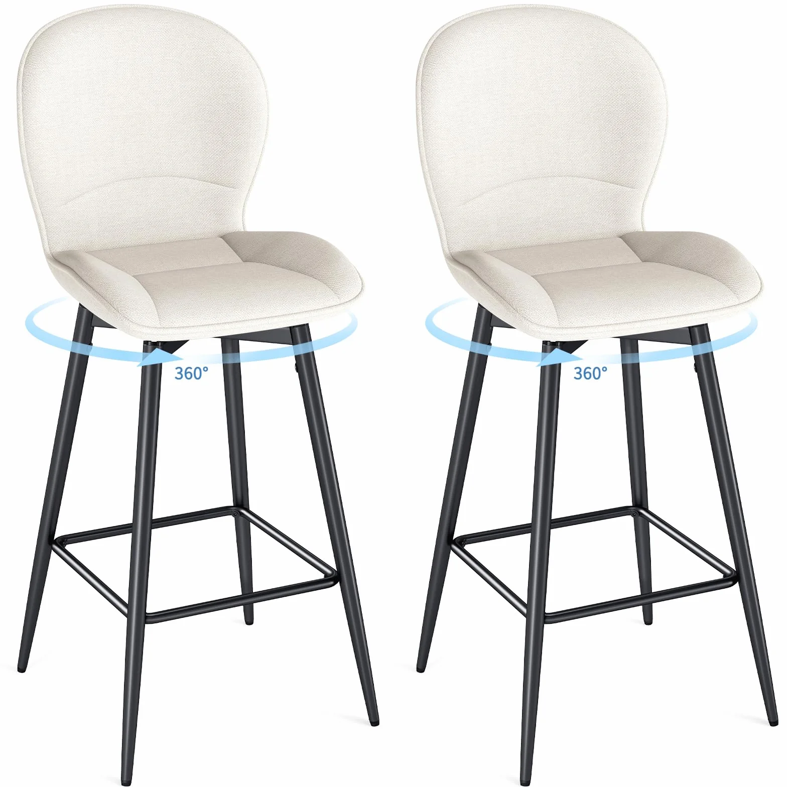 LEWE Juego de 2 Taburetes Altos de Bar, 75 cm Altura del Asiento, Giratorio 360° Sillas Altas de Cocina con Respaldo Acolchado de Tela, Metálica Reposapiés, para Bar, Comedor, Salón-Beige