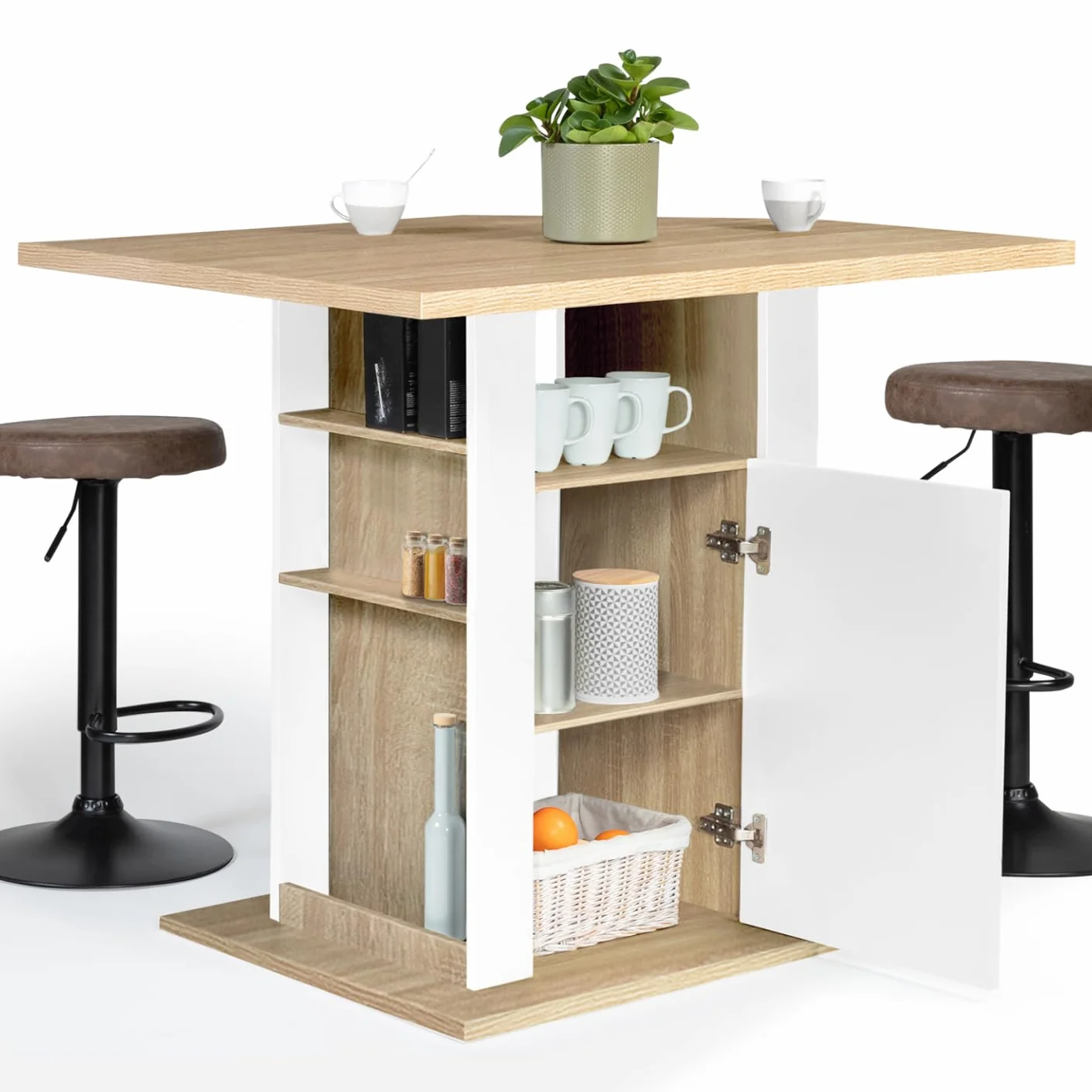 IDMarket – Ilot Central UGO 110 cm, madera blanca e imitación de haya con almacenamiento