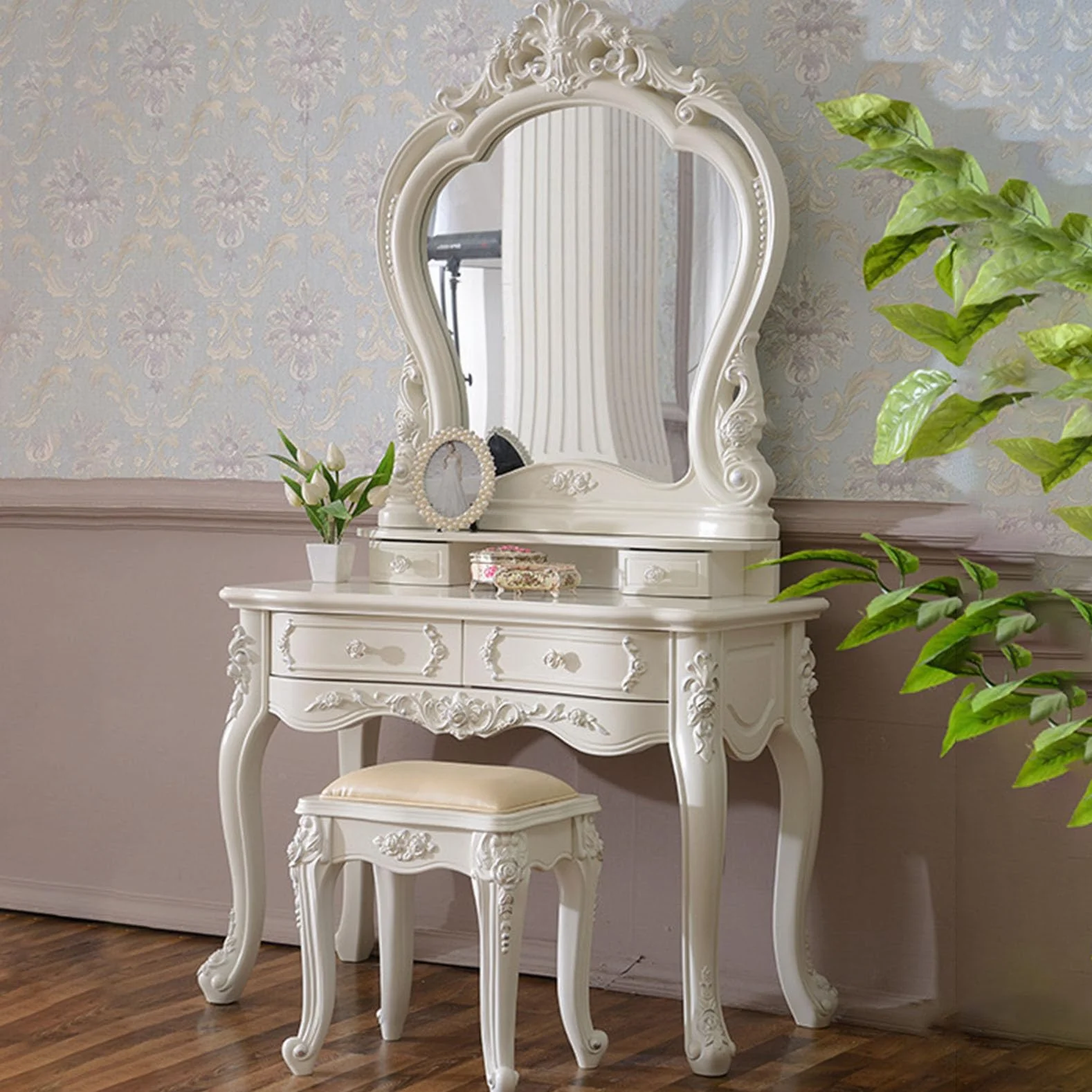 Juego de tocador y mesa de estilo europeo, taburete tapizado, mesa de maquillaje con 4 cajones, muebles de dormitorio para niñas, regalo elegante para mujeres