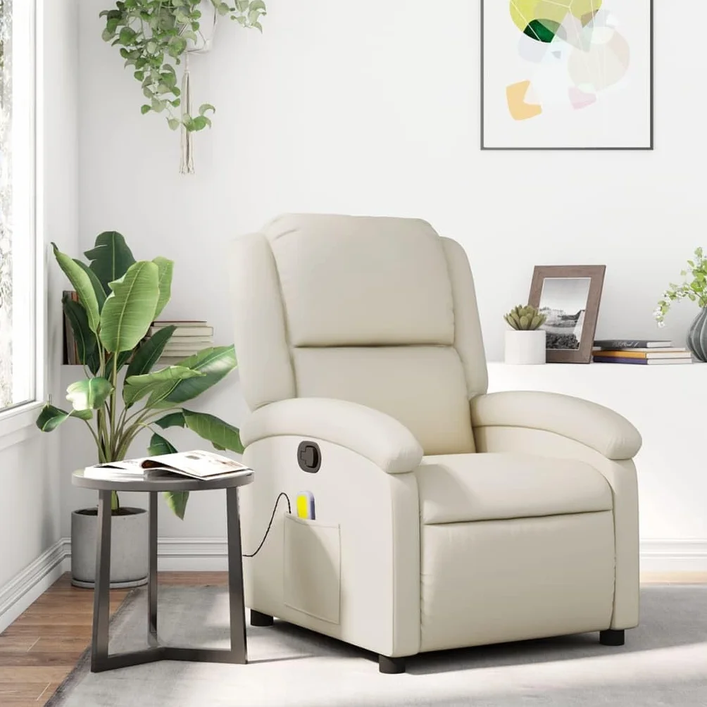 IKAYAA Sillón Masaje Reclinable Sillón Masaje Eléctrico Sillon Relax Reclinable Sillon Reclinable Manual Sillón Relax de Cuero Sintético, con Prácticos Bolsillo, Crema