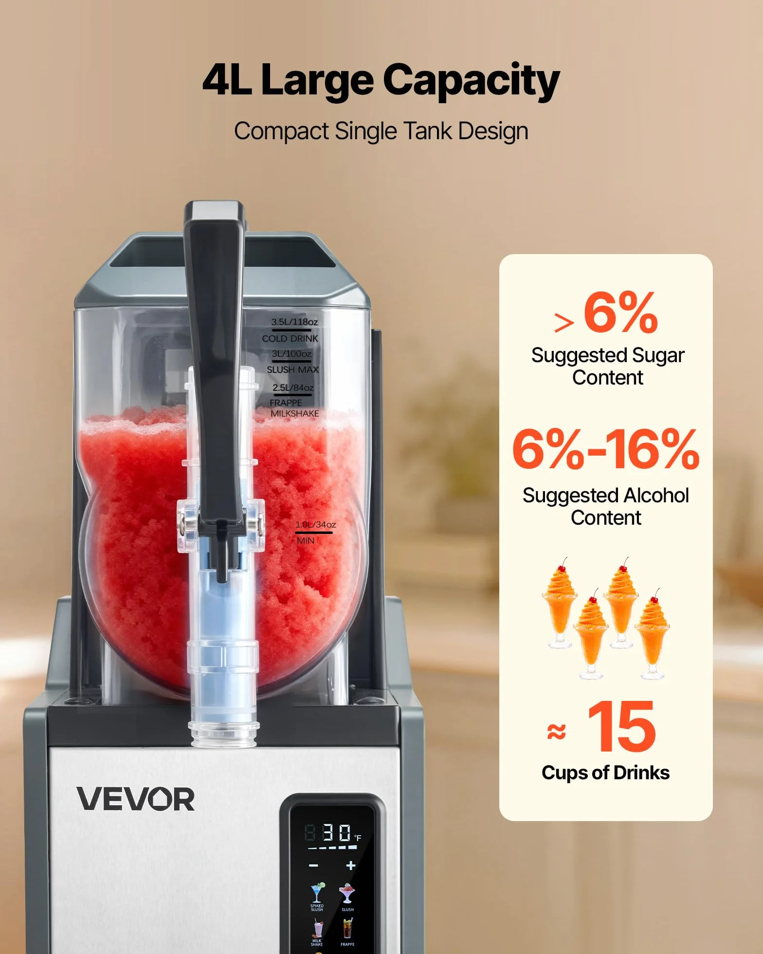 VEVOR Máquina para Hacer Granizados con Un Tanque de 4 L, Máquina de Granizado de Hielo para Hogar, sin Necesidad de Hielo, 5 Programas Preestablecidos, para Hacer Margaritas, Frappés, Batidos