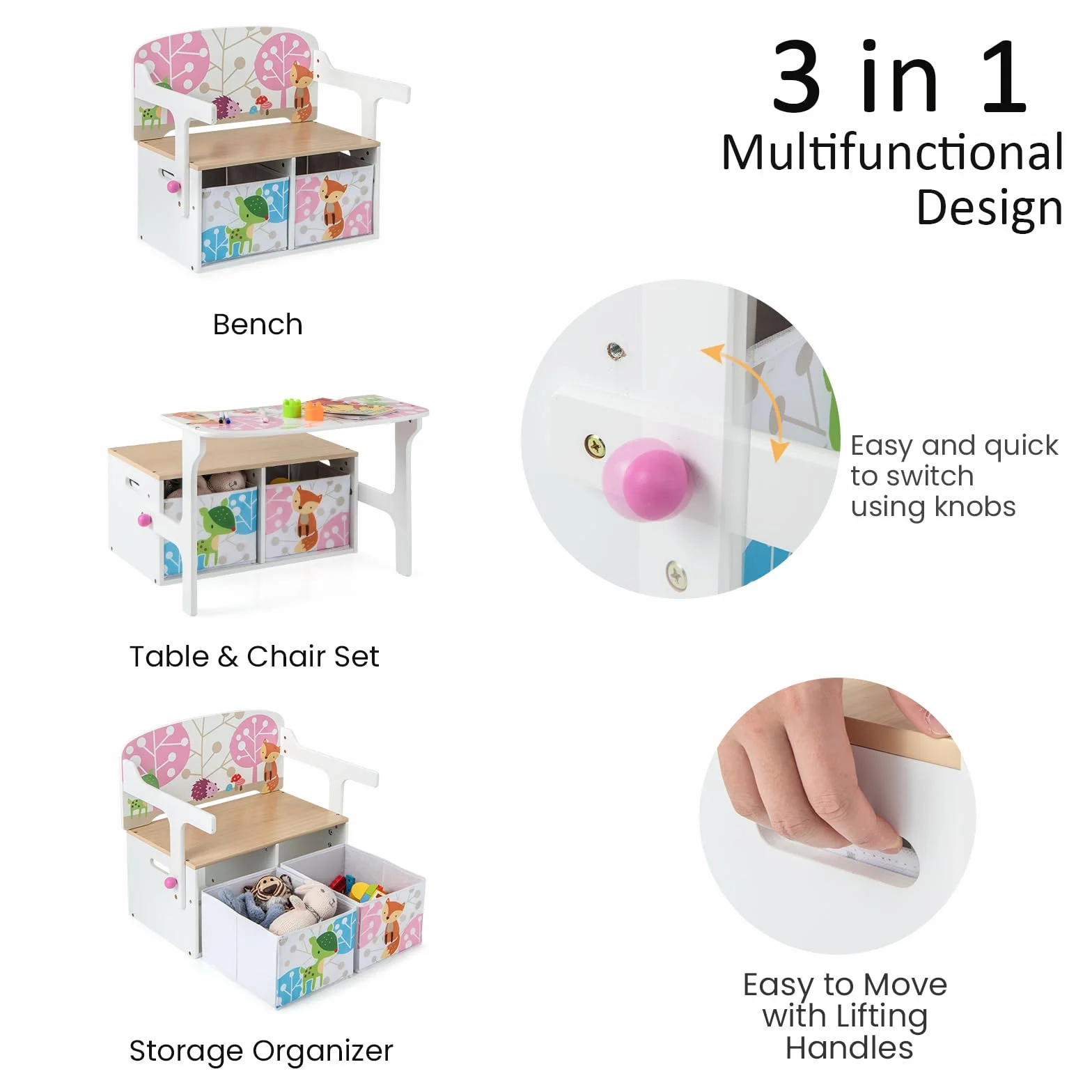 LIFEZEAL Banco Infantil de Almacenaje 3 en 1 con 2 Cajones, Caja de Juguete de Madera, Juego de Mesa y Taburete para Niños de 3 a 7 años, Organizador con Cestos Textiles de Almacenaje (Blanco)