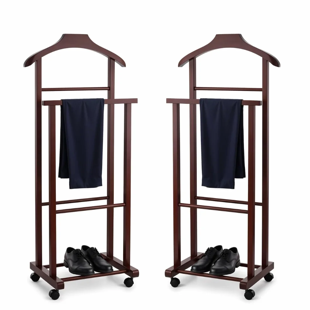 Juego de 2 percheros para dormitorio, color nogal, madera de haya natural, servo mudo doble con 4 ruedas, fabricado en Italia (2 unidades)