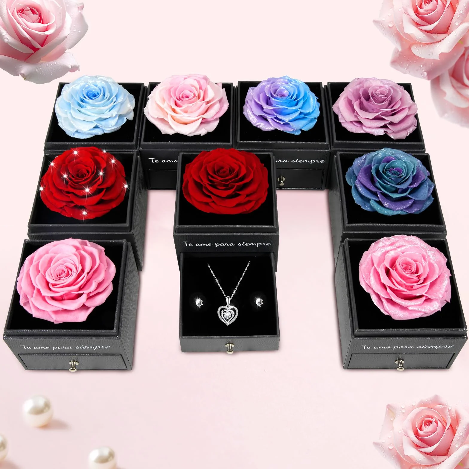 Miofula Flores Preservadas Caja de Regalo con Collar y Aretes para Mujer
