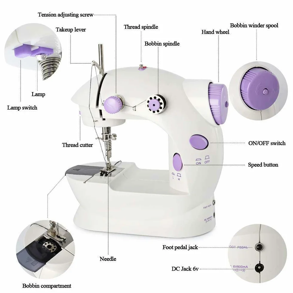 Mini máquina de coser eléctrica multifunción, herramienta de costura portátil, 2 velocidades, doble hilo, pedal de pie con interruptor de mano para principiantes en el hogar, viajes, regalo para mamá
