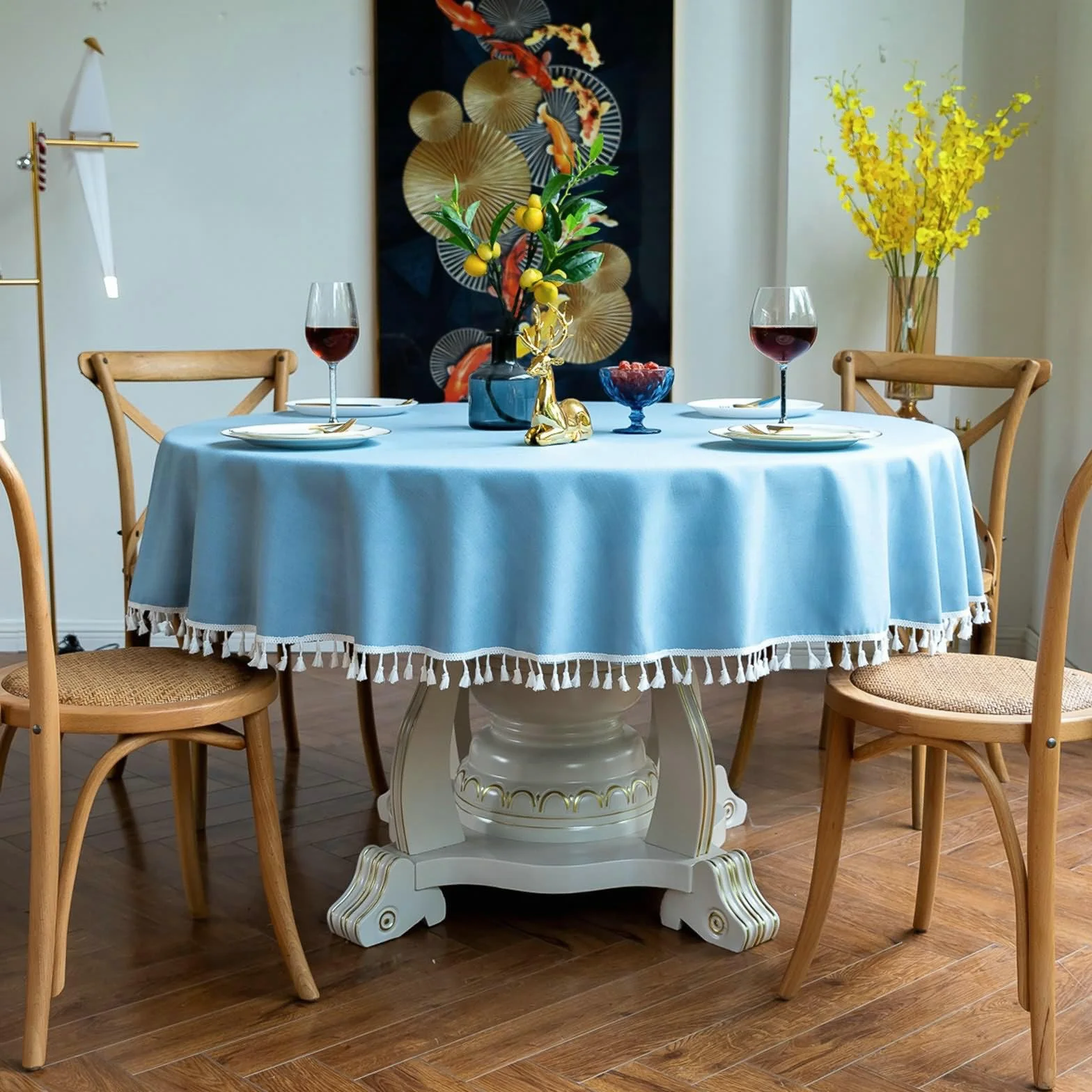 Gualiy Mantel Redondo de Tela, Poliéster Mantel Cocina Cafe Round 160CM Manteles de Mesa Antimanchas Color Sólido con Borlas Mantel para Mesa Cocina, Azul