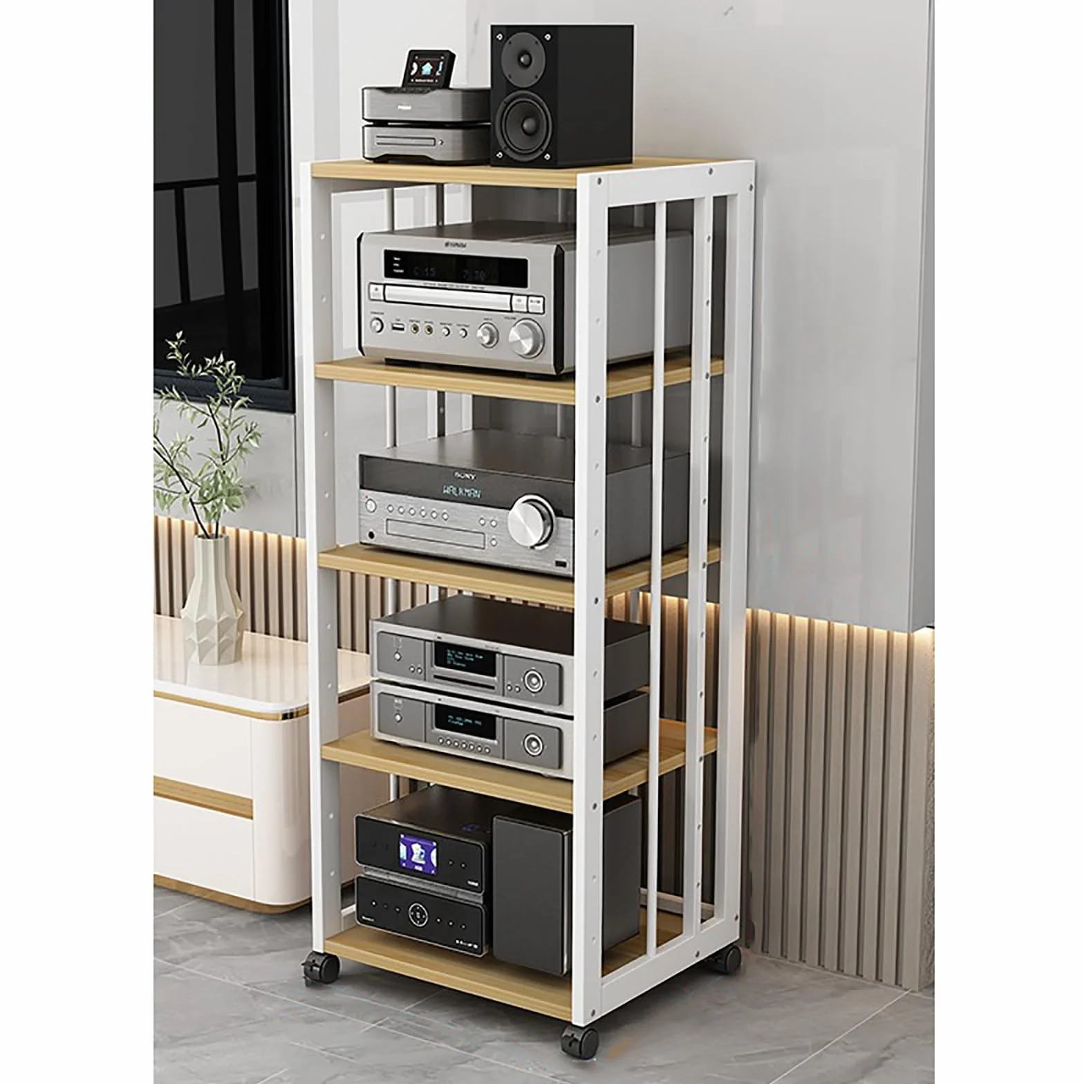 Gabinete de Audio HIFI Multicapa con Estantes for Audio y Video Soporte de Exhibición de Audio Estante de Medios con Ruedas Universales para Salón Dormitorio Estudio de Grabación.(Original wood,50x40x