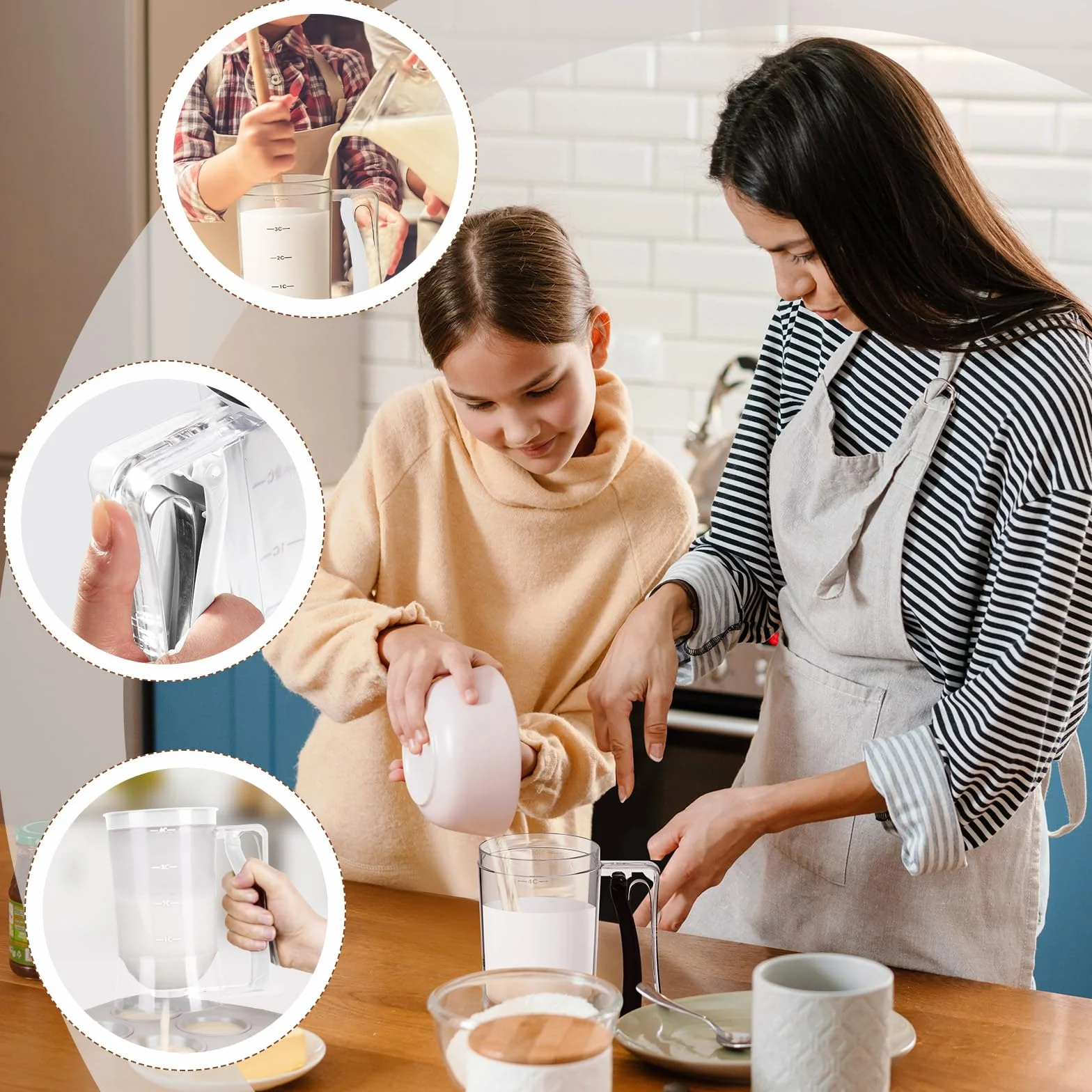 FillTouch 2 dispensadores de masa para panqueques con mango de compresión para parrilla, dispensador de mezcla, panqueques para hornear, cocina, cupcakes, galletas, gofres (blanco)