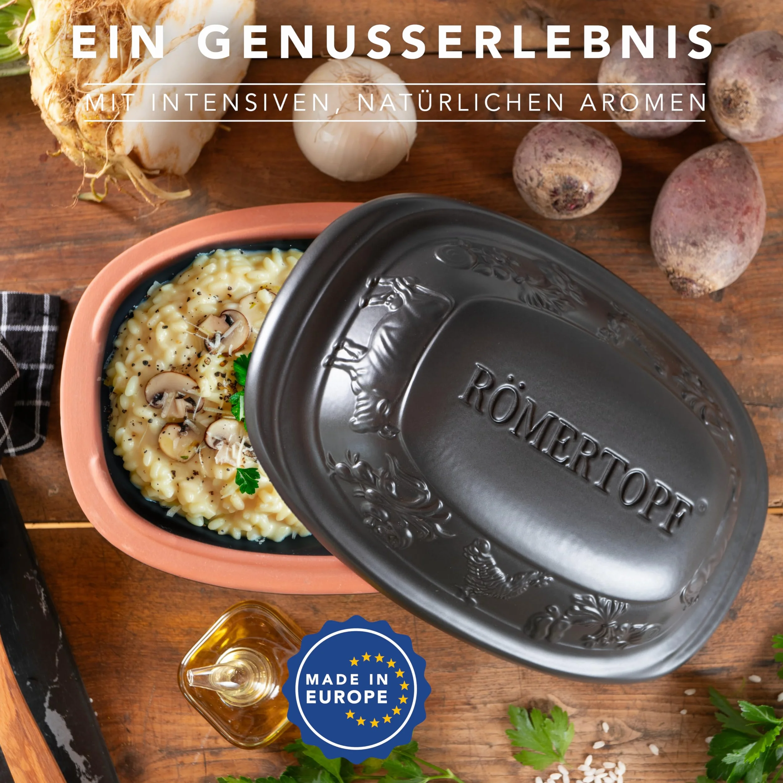 Römertopf RUSTICO – Cazuela individual de cerámica con tapa, 1,2 L para 1 persona, para guisar y asar, apta para horno y lavavajillas, negro