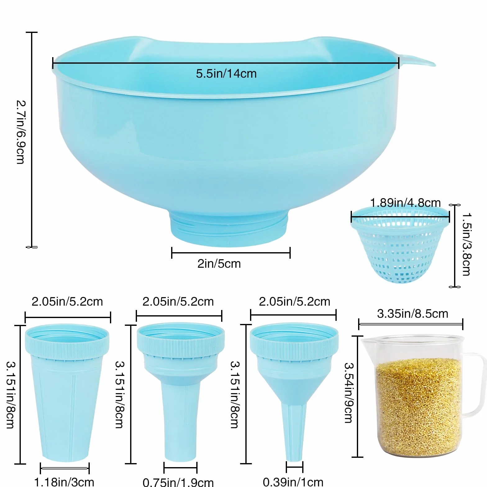 Embudo boca ancha 4 en 1 con filtro extraíble, plástico alimentario, apto lavavajillas, azul