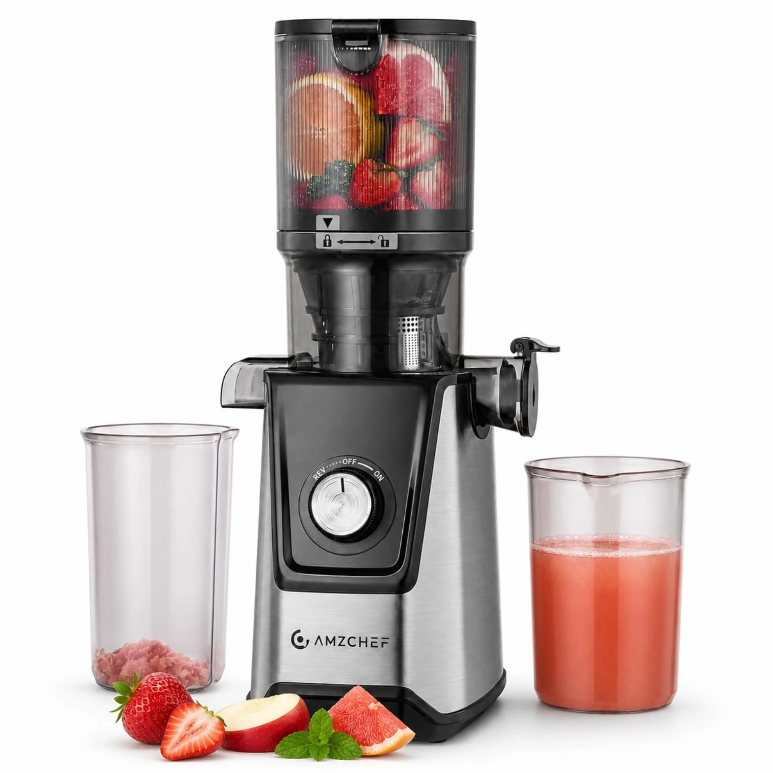 AMZCHEF Extractor de Zumos Lento – Abertura Ancha de 118MM para Frutas y Verduras Enteras – Motor Silencioso de 180W – Alto Rendimiento de Zumo, Fácil de Limpiar