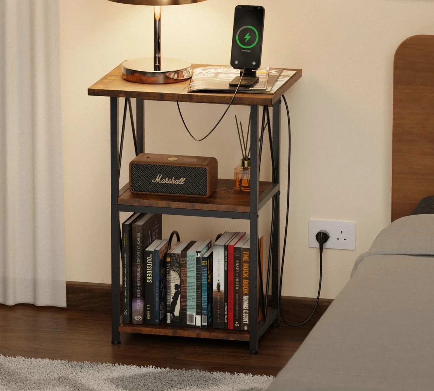 HFHOME Soporte ampliado para tocadiscos con estación de carga, mesa auxiliar de 3 niveles con almacenamiento de discos de vinilo, mesa de tocadiscos con almacenamiento, soporte giratorio para