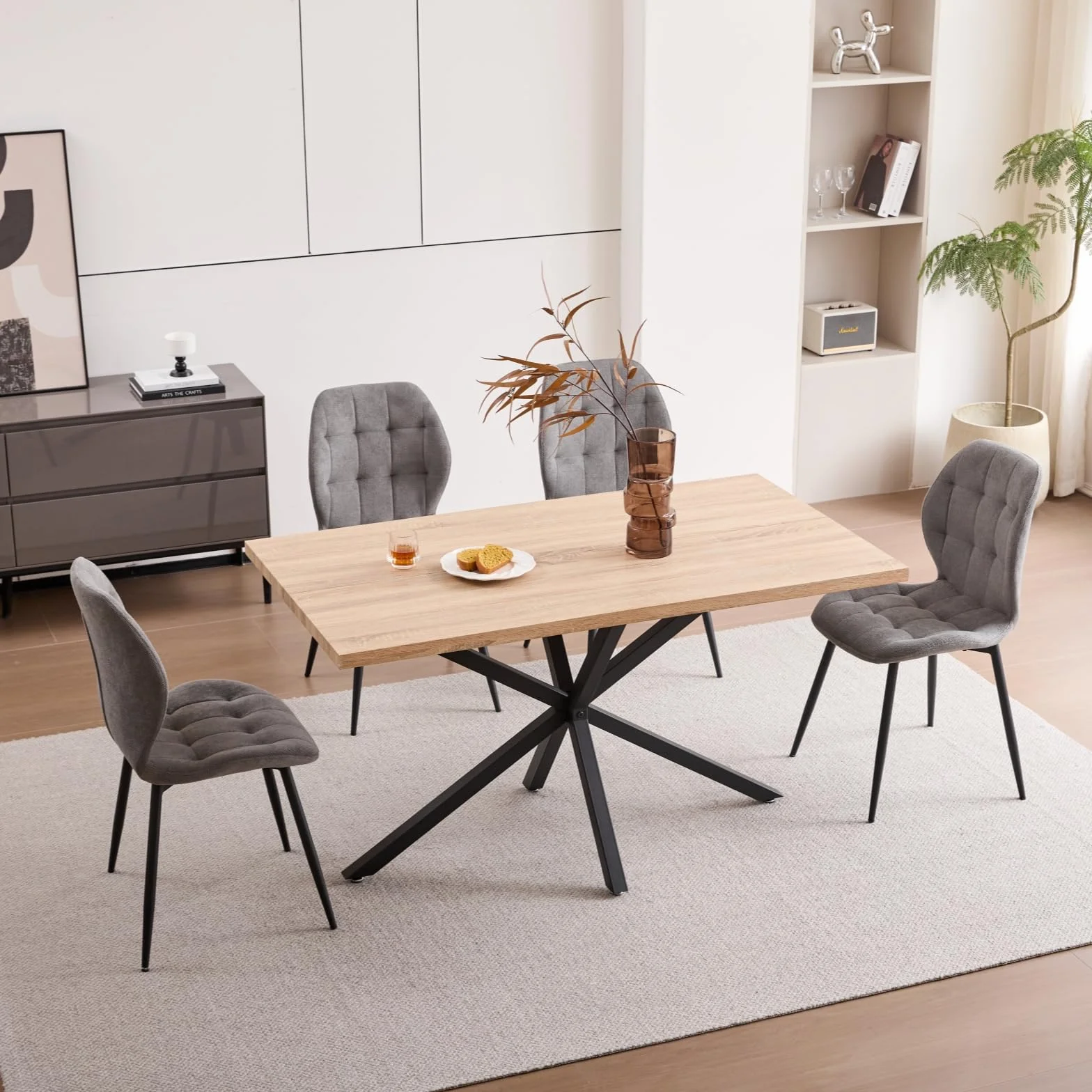 Conjunto de Mesa y Sillas de Comedor: Mesa Rectangular de 140 cm y 4 Sillas Tapizadas, Ideal para Comedor, Cocina y Salón - Color Claro + Gris Oscuro